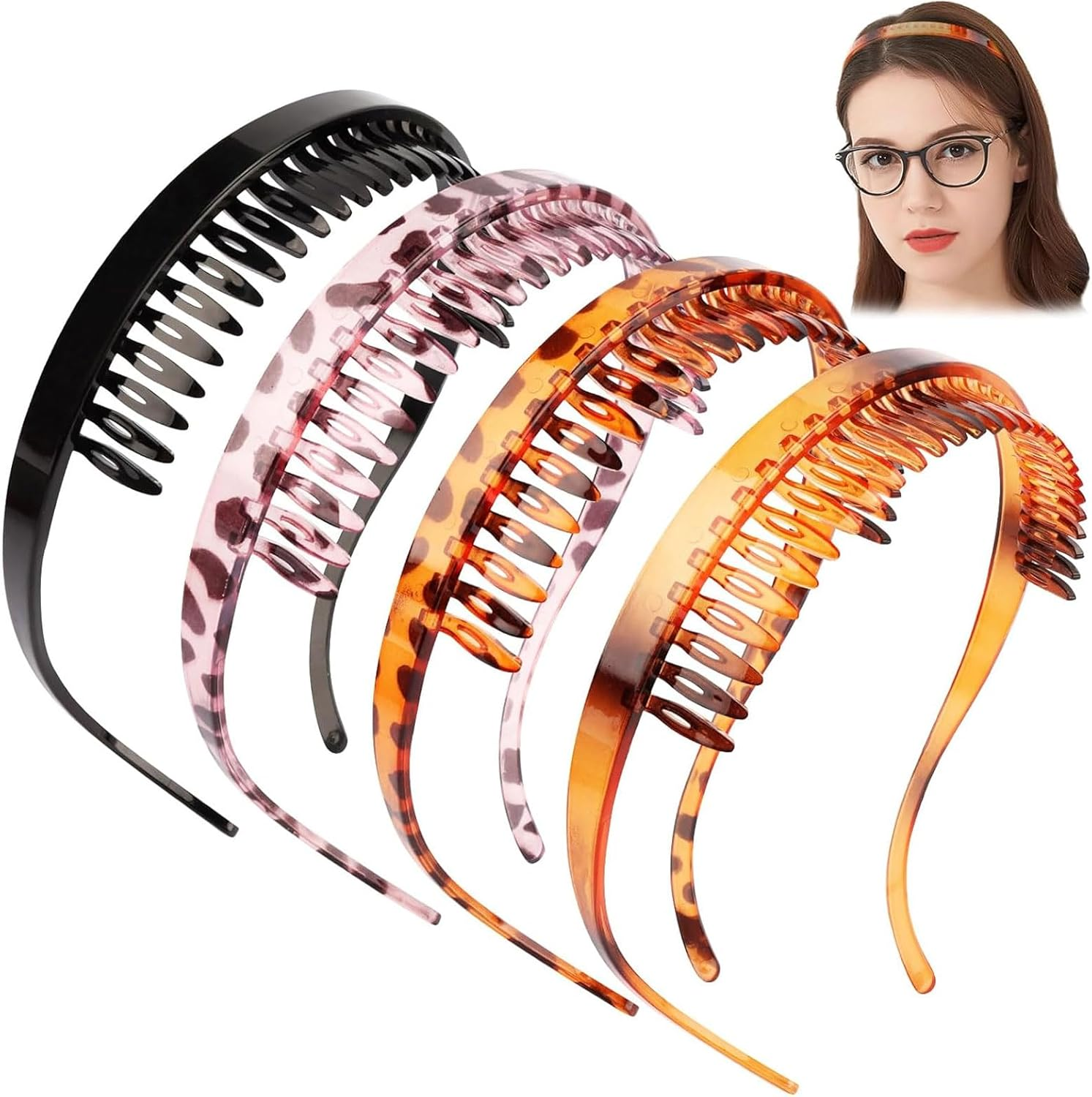 Celblisora 4 Pack Transparent Amber Non-Slip Headbands for Women Glasses Wearers, No Pressure, No Headaches, Zigzag Sunglasses Headband Made of Plastic with Teeth image number 4