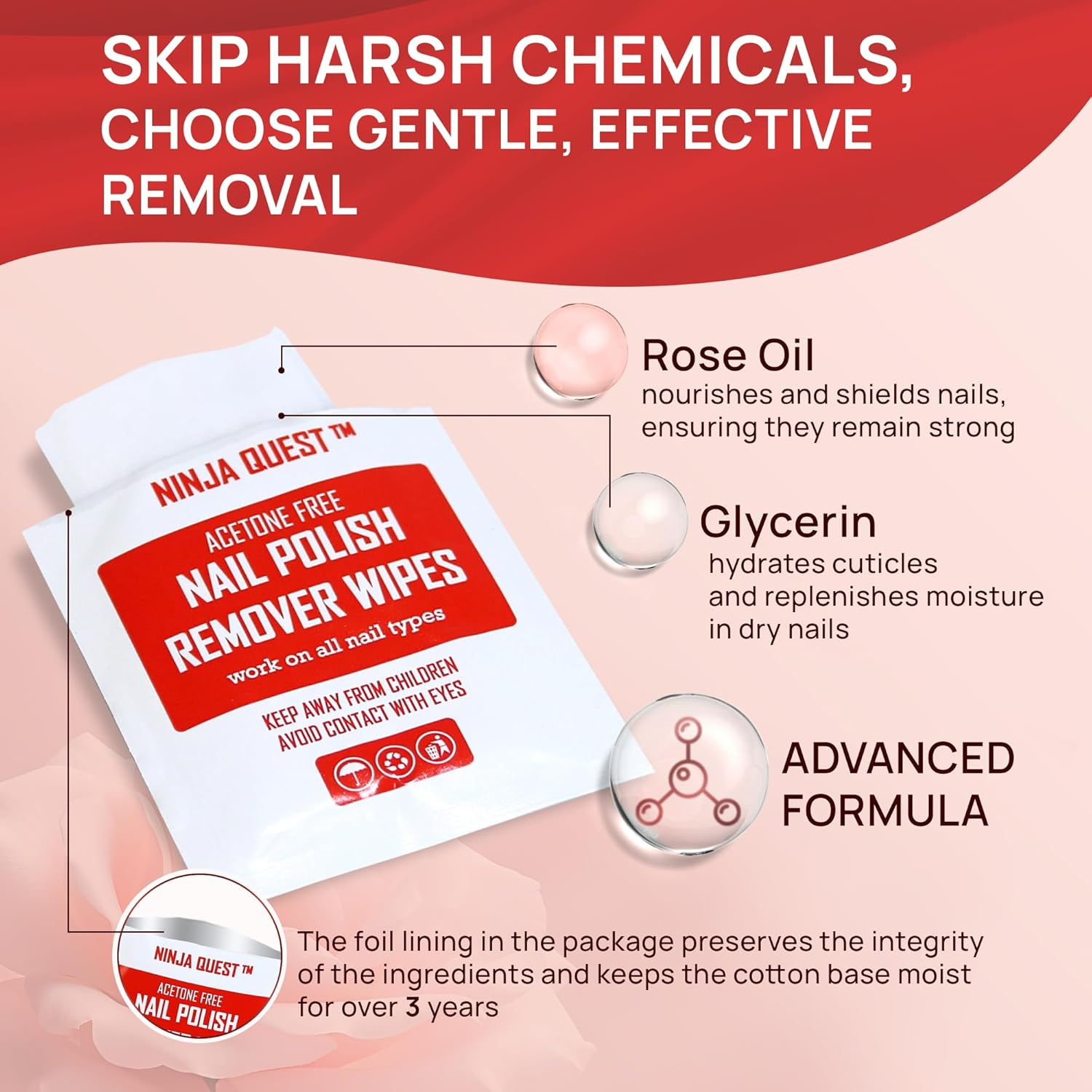 Nail Polish Remover Pads - 100% Non-Acetone - 50 Pack Bulk Set - Individually Wrapped - Quick Nail Polish Remover Wipes - Fingernail Travel Kit to Clear Nail Polish for Home & Professional Removal image number 1