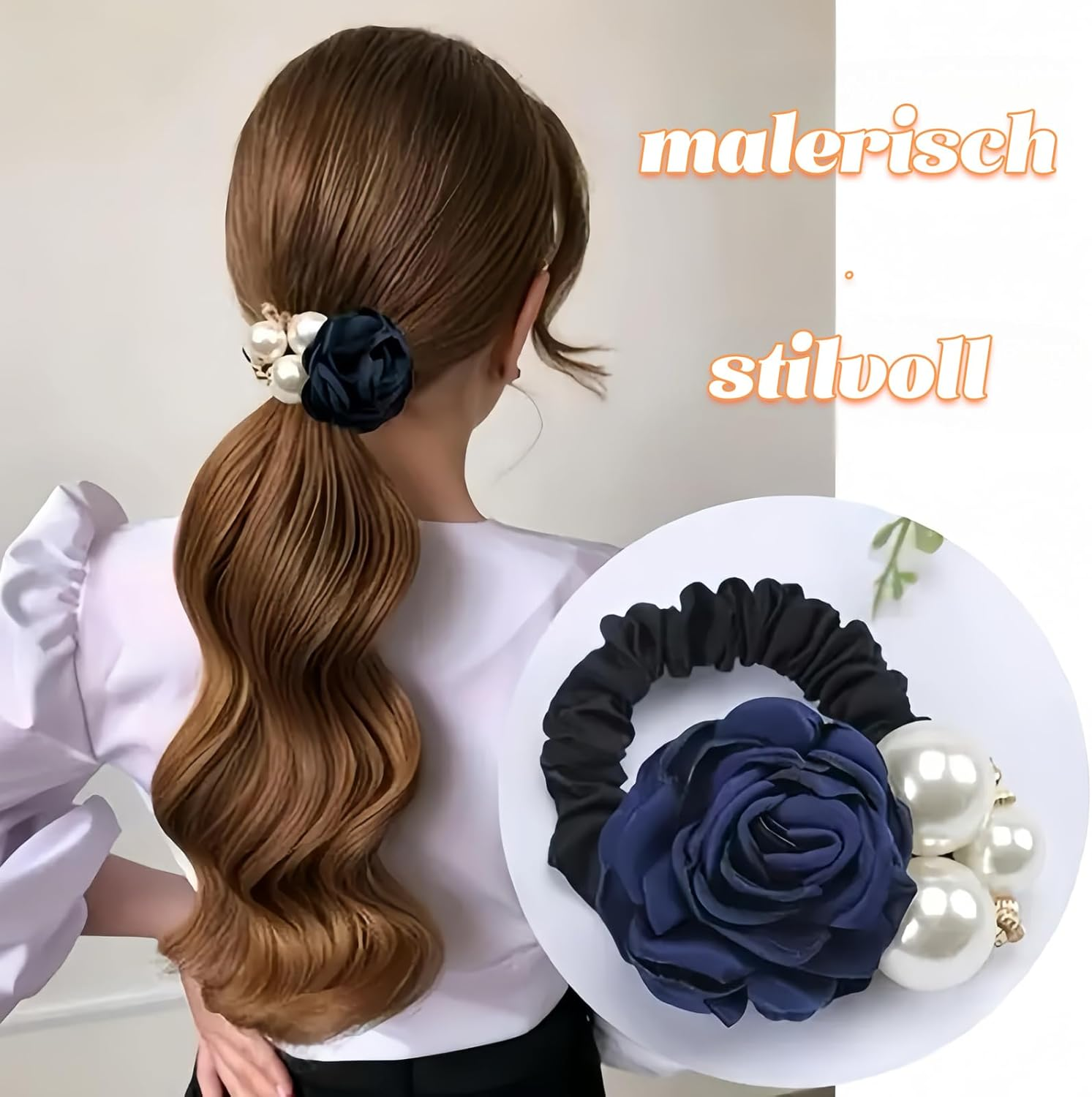 Ypkia Pack of 3 Flower Hair Bands with Pearls Women'S Thin Rubber Bands Elastic Scrunchies Ponytail Holder for Women Girls image number 1