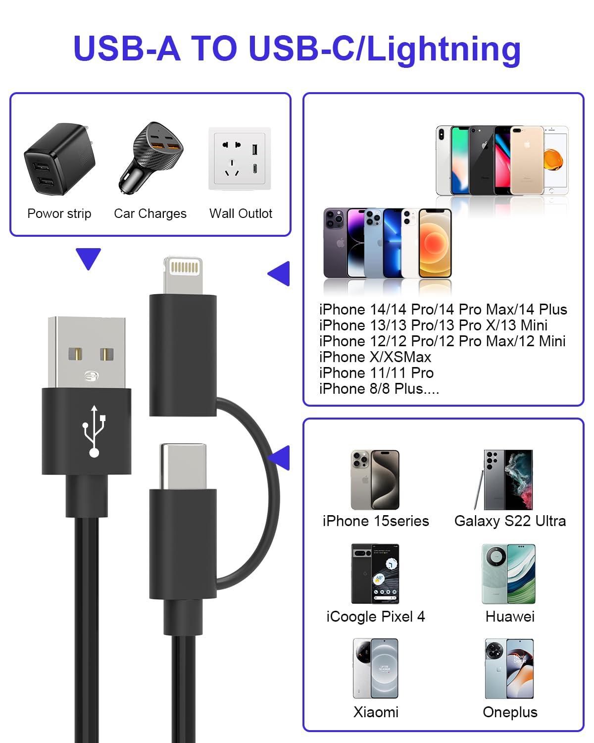 USB to USB C and Lightning Cable - Support Apple Carplay & Android Auto Cable [Mfi Certified] 3A Fast Charge & Data Sync Coiled Dual Lightning and USB C Cable 2 in 1 for Iphone 16/15/14/13/12/Android image number 1