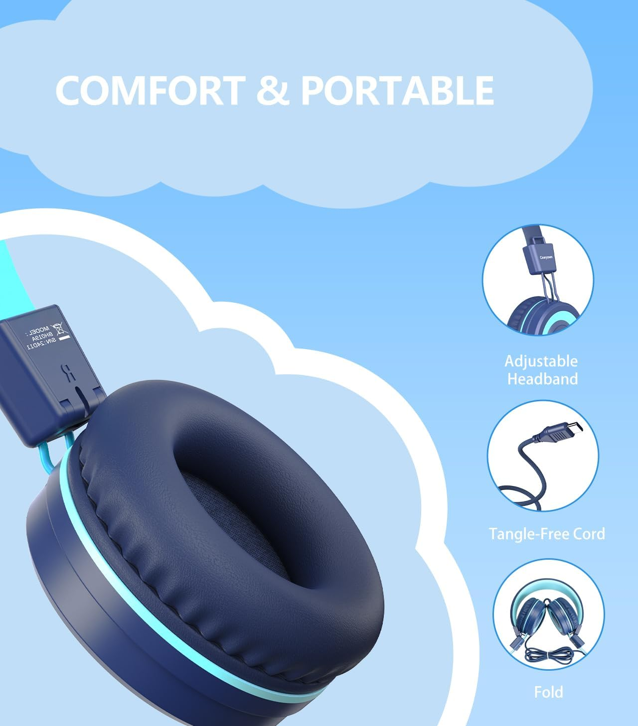 Bywulanda Upgrade USB Type C Kids Headphone for School, 94Db Safe Volume Limited, HD Stereo Sound, Foldable Lightweight On-Ear Headphones for Boys/Girls/Students/Tablet/Travel(Blue) - Mint Green image number 6