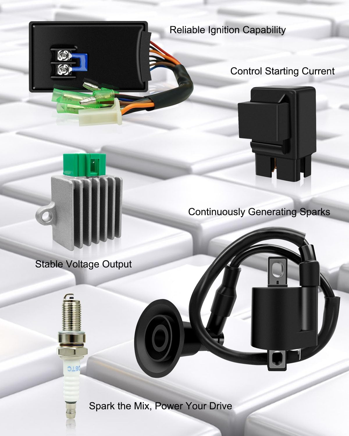 5PCS CDI Box Ignition Coil Kit Fit for Polaris Sportsman 90 Scrambler 90 50 Predator 90 50 2001-2007 with Voltage Regulator Rectifier Starter Relay Solenoid and Spark Plug image number 1