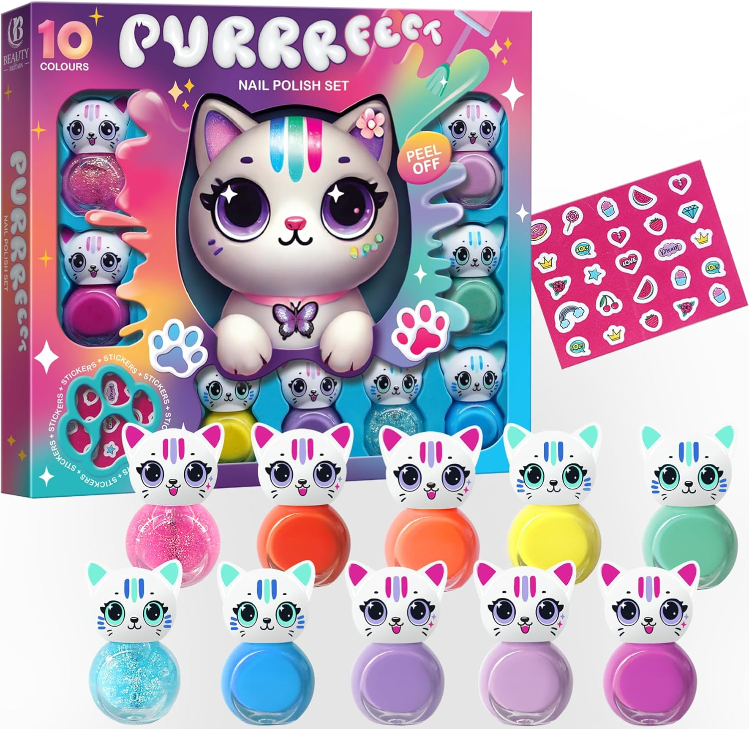 Cat Shape Water Based Nail Polish Set - Beauty4Britain 14 Colours Quick Dry Peel off with Cat Nail Stickers Gift Box Included image number 3