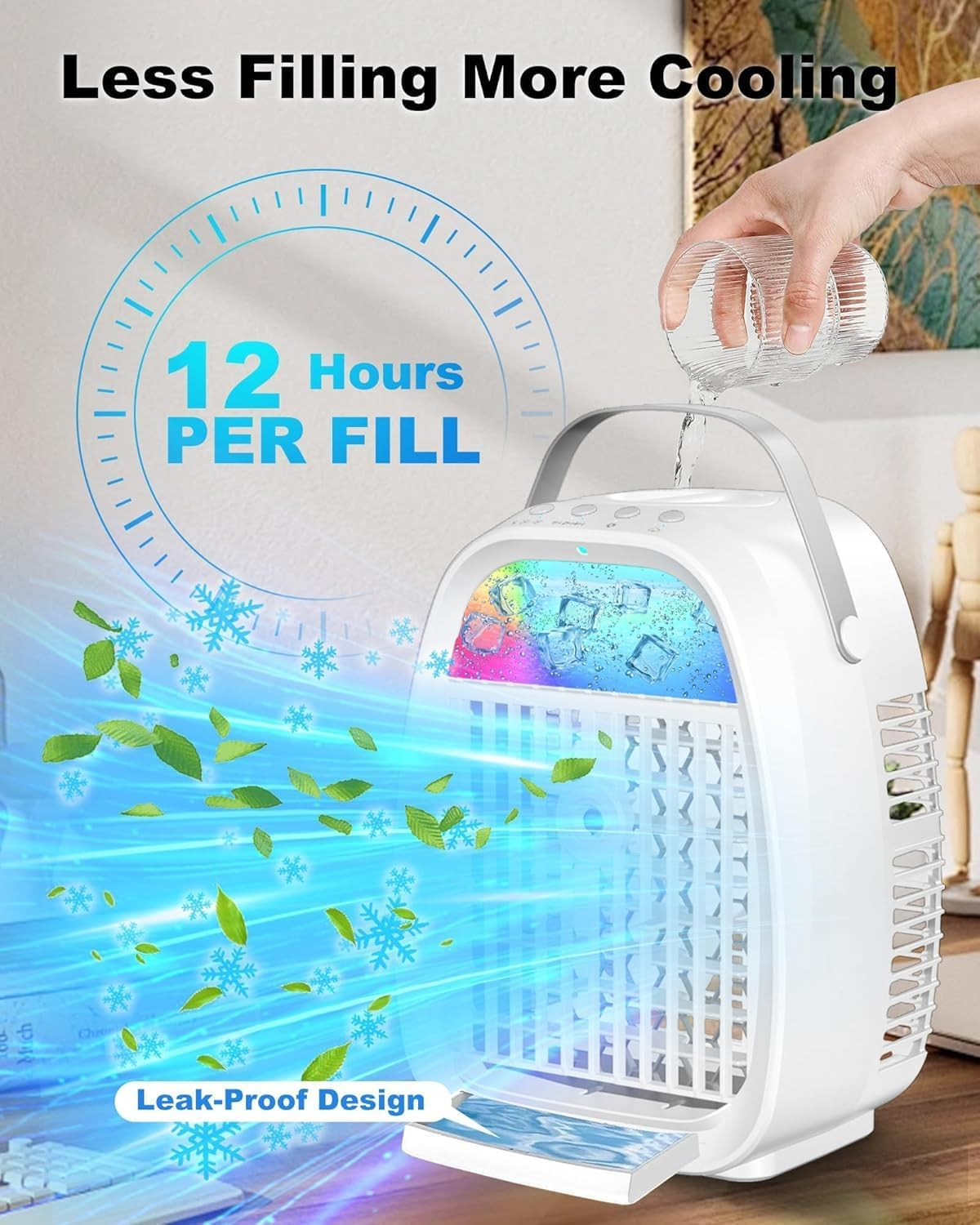 Portable Air Conditioner Fan, 3 Speeds & 2 Mist Modes Quiet & Powerful Air Conditioner Portable 1100Ml Water Tank for Room Home Office Indoor Use, USB Powered Mini Evaporative Air Cooler with Remote image number 6