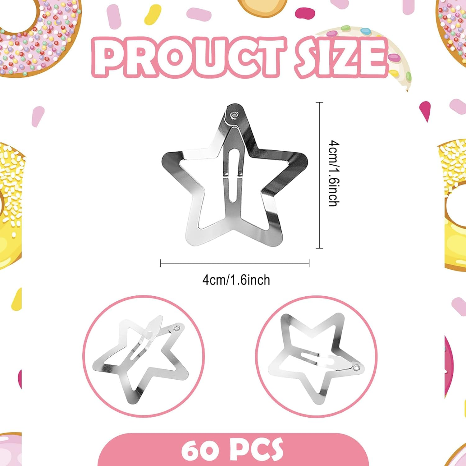 60 Pcs 1.6 Inches Star Hair Clips Snap Hair Barrettes Non Slip Cute Y2K Accessories Silver Metal Hair Clips for Girl Women