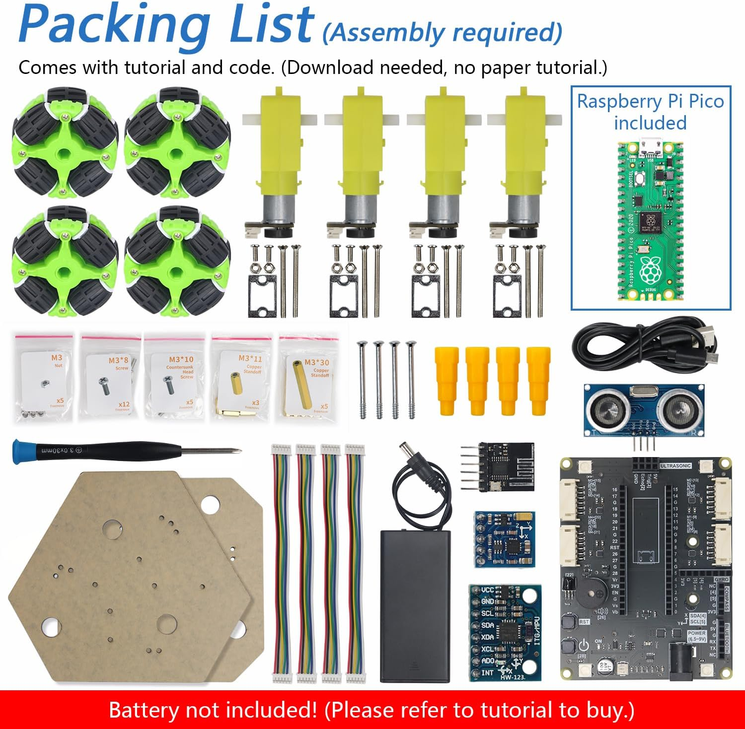 Freenove Omni Wheel Car Kit for Raspberry Pi Pico (Included), Dual-Core Arm Cortex-M0+ Microcontroller, 3 and 4 Wheel Forms, Accelerometer Module, Compass Module, Ultrasonic Distance Sensor - With Raspberry Pi Pico 2 image number 7