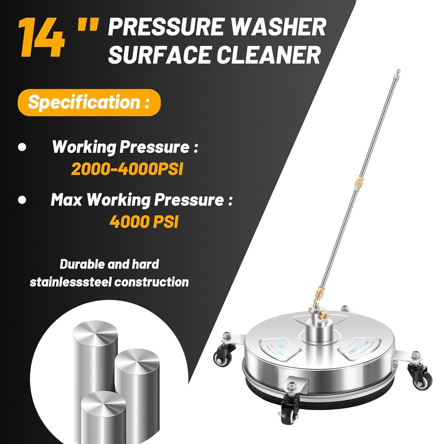 Lidodola Pressure Washer Surface Cleaner with 4 Wheels - Stainless Steel Surface Cleaner for Pressure Washer Attachment for Concrete, Patio, Sidewalk, Deck and Driveways (14 INCH Silver) image number 1