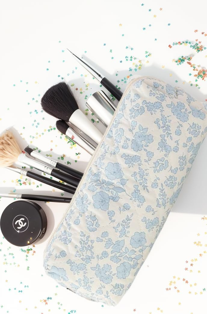 ZANZER 3 PCS Travel Quilted Cotton Makeup Bag Set - Floral Cotton Cosmetic Bag Travel Toiletry Pouch Portable Beauty Cosmetic Storage, Ideal Gifts for Girls Women, Mothers Day Gift (Dark Blue Flower)