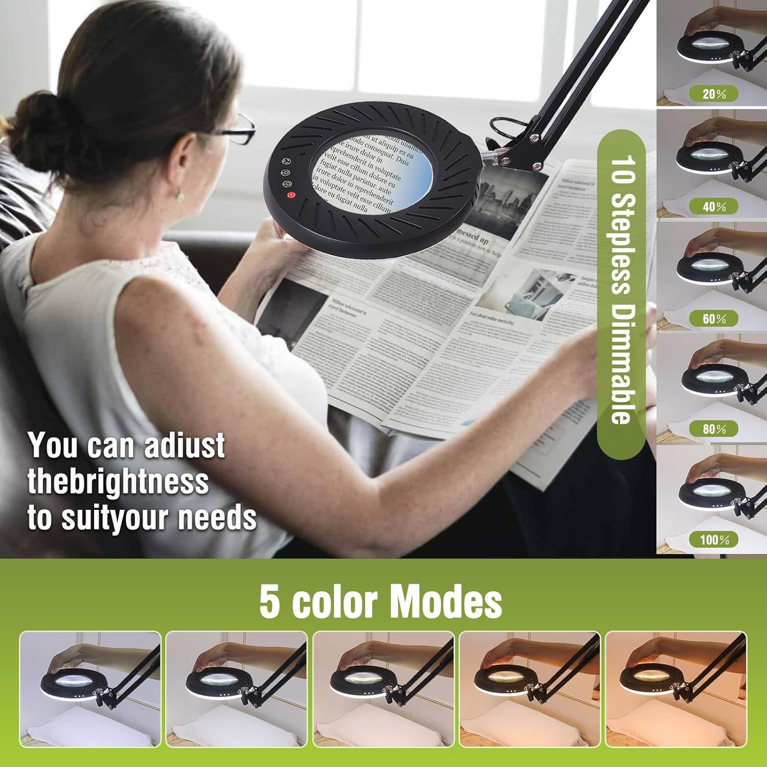 10X Magnifying Glass Floor Lamp,Foldable and Large Angle Rotation Five Colors Switching,Ten Levels of Dimming,Suitable for Beauty,Electrician Maintenance,Bedroom,Living Room,Dormitory Lighting,Office. image number 4