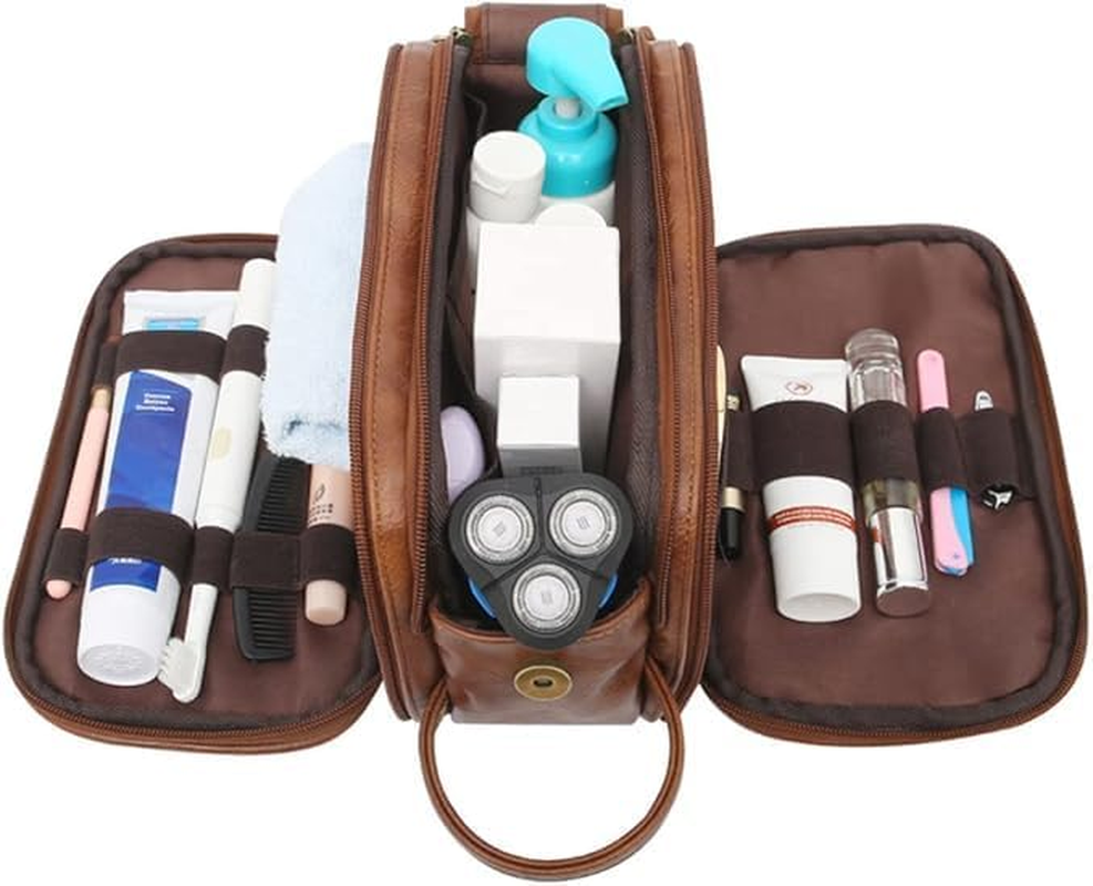 Water-Resistant Leather Toiletry Bag for Men, Large Travel Wash Bag Shaving Dopp Kit Bathroom Toiletries Makeup Organizer (Brown)