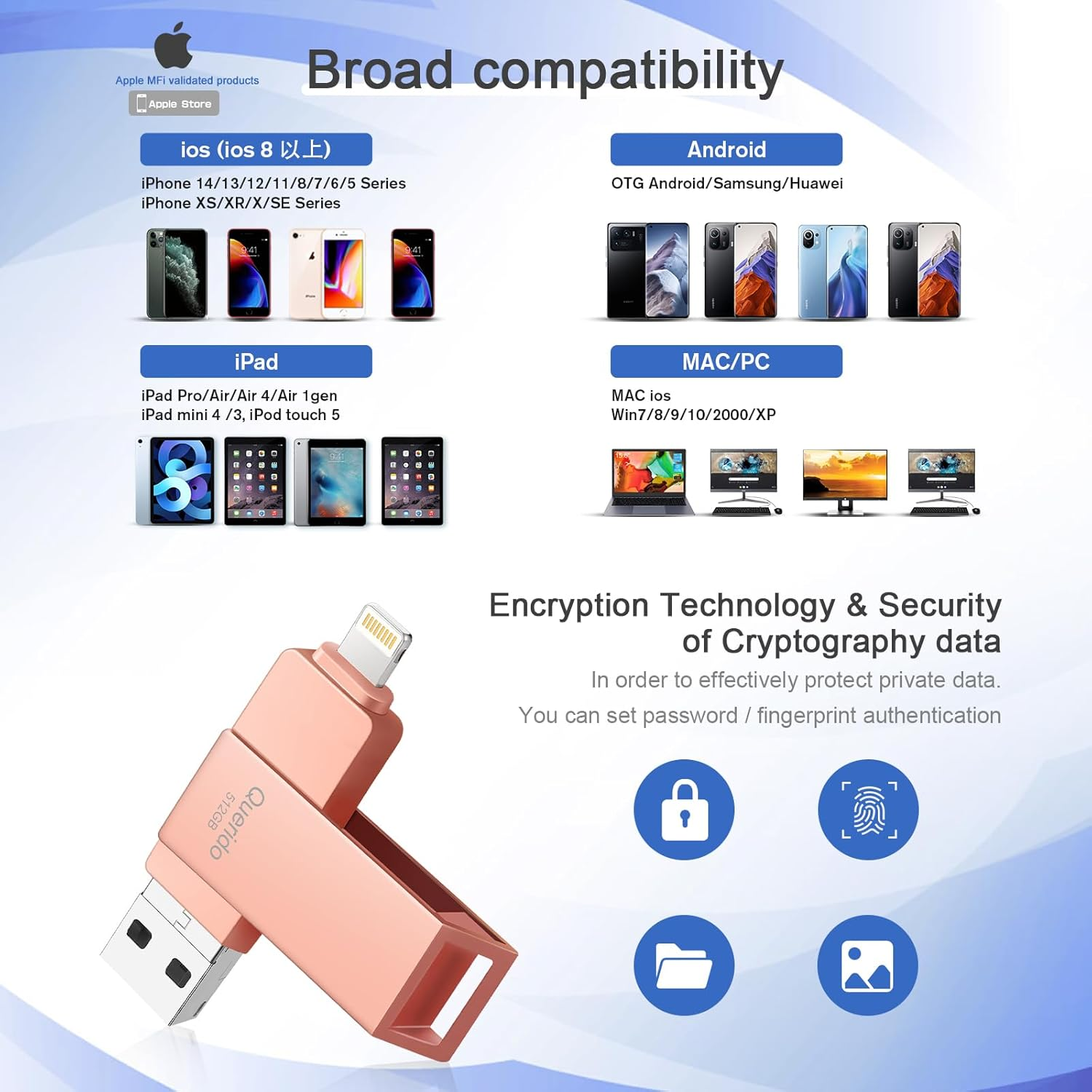 Querido Apple Mfi Certified 512G USB 3.0 Flash Drive for Iphone, Photo Stick, Thumb Drive, External Storage for Pc/Ipad/More Devices - Pink image number 2