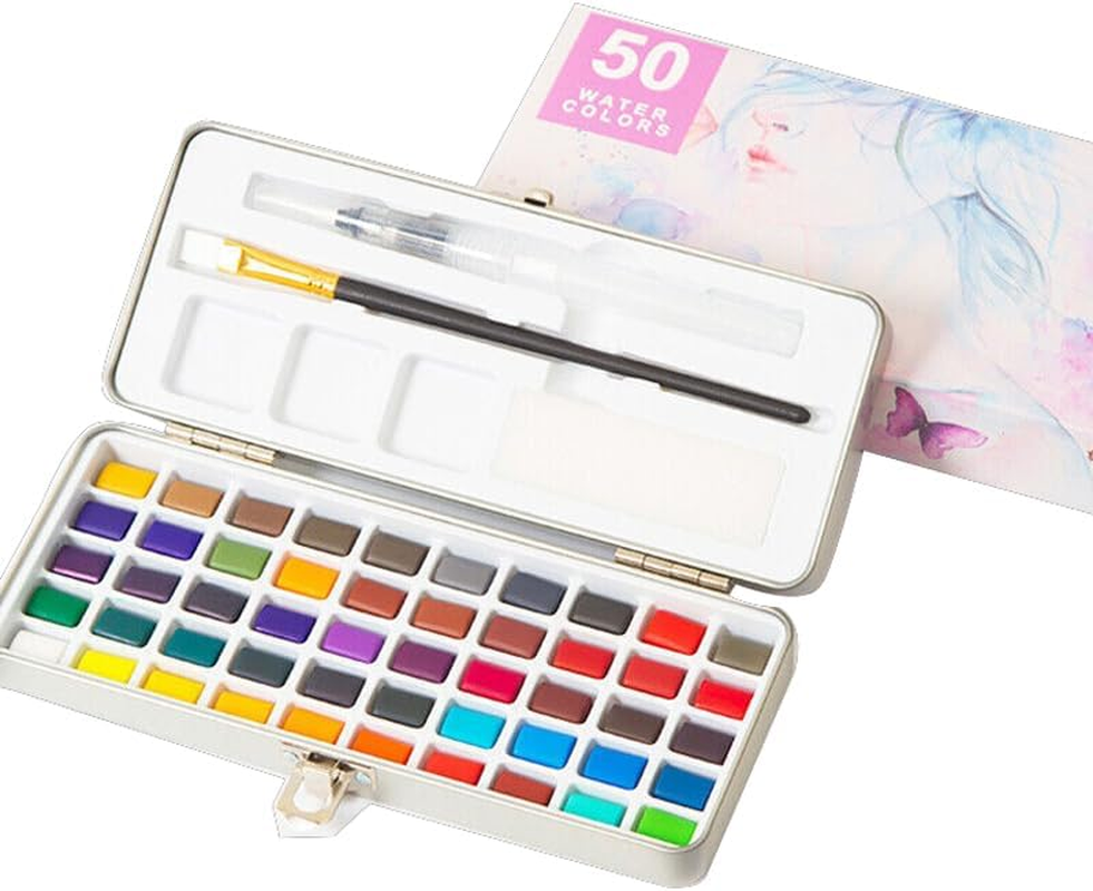 12-90 Watercolour Paint Set with Brush Painting Water Colour Art Artist Kits with Refillable Water Brush and Sponge, Portable Iron Case