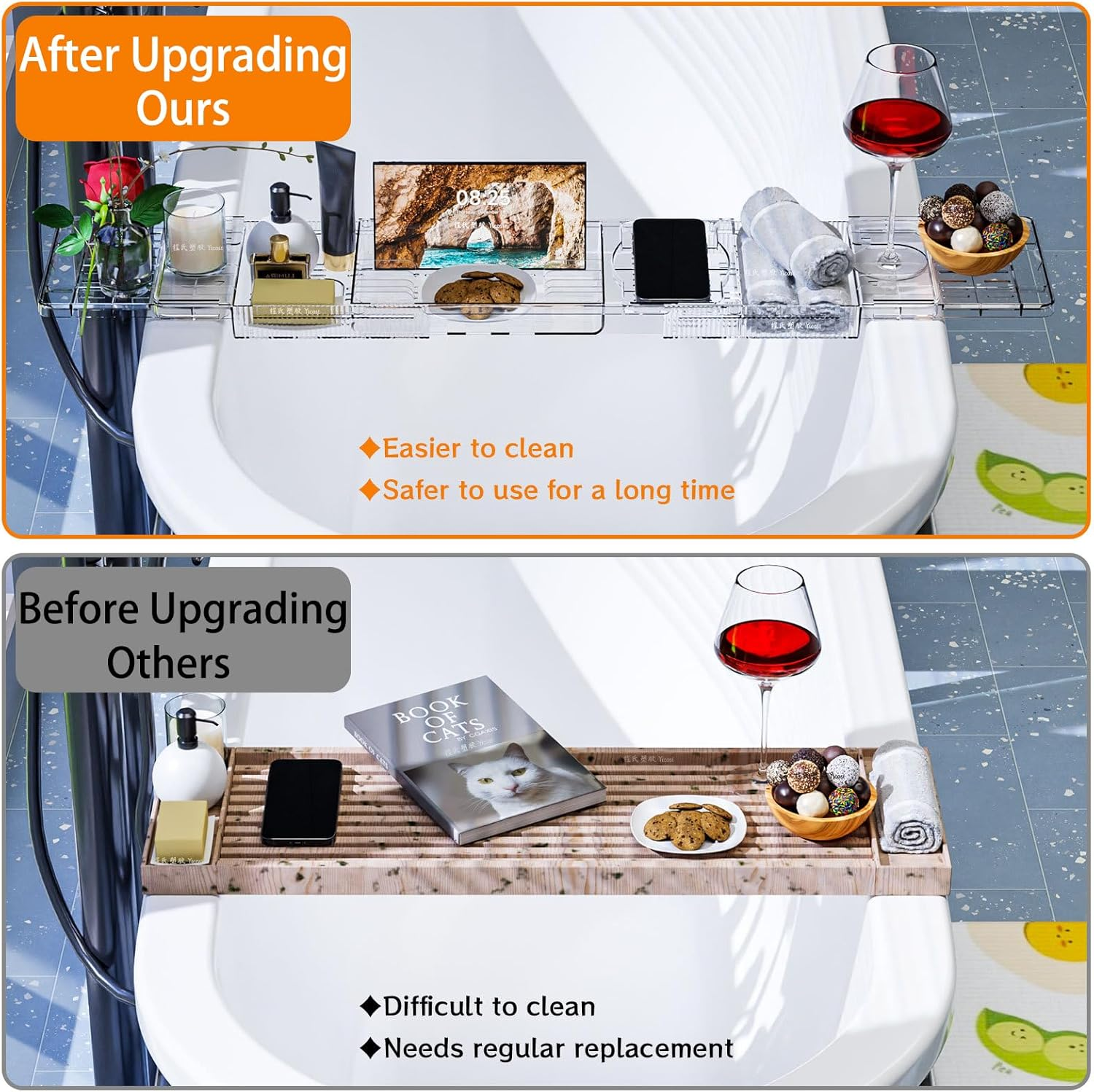 ROROUP Luxury Expandable Bathtub Tray for Tub, Clear Bath Tray with Adjustable Length, Bathtub Accessories for Relaxing, Bath Accessories for Women image number 3