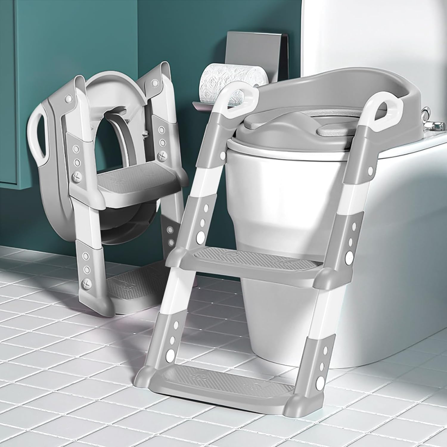 Potty Training Seat with Step Stool Toilet Seat for Kids Boys Girls, Comfortable Safe Potty Toilet Training Seat with Anti-Slip Ladder Soft Cushions (Gray) image number 4