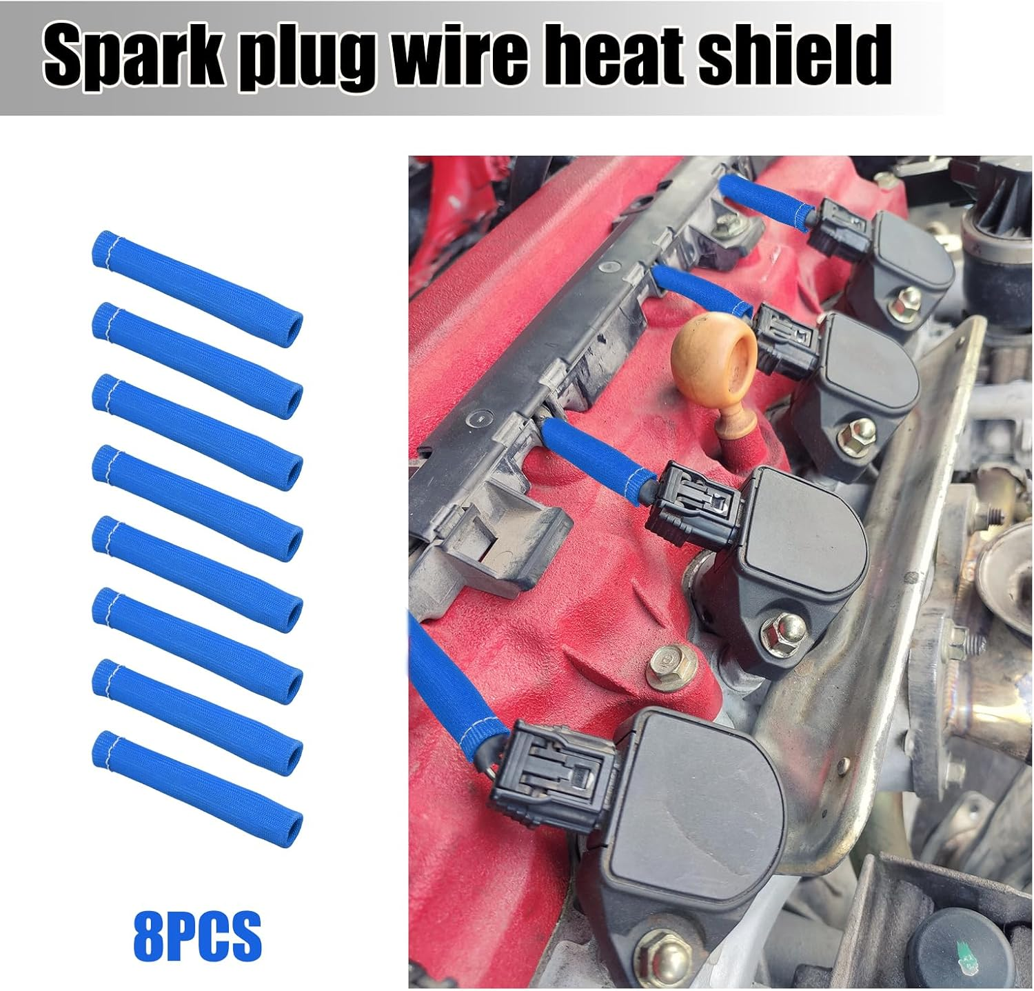 8Pcs Spark Plug Wire Heat Shield for Ford Chevrolet, 5.51X1.46In 2500 Degree Spark Plug Heat Boot Cover Protector Replacement Plug Wire Heat Protection Sleeve for LS1 / LS2 SBC BBC 350 454(Blue)