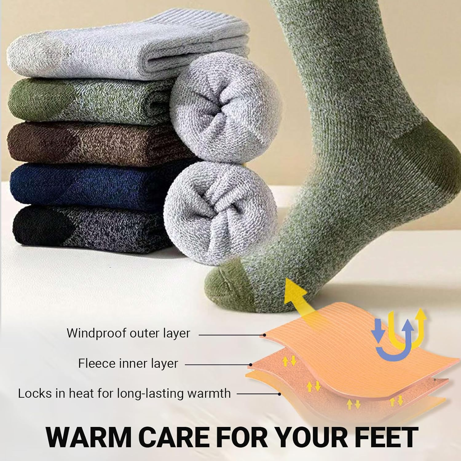 JOWILIN Merino Wool Socks for Men, 5 Pairs Thermal Warm Sock, Winter Thick Crew Socks, Cozy Crew Hiiking Socks for Cold Weather Oudoor Hiking Camping Skiing for Men Women image number 4