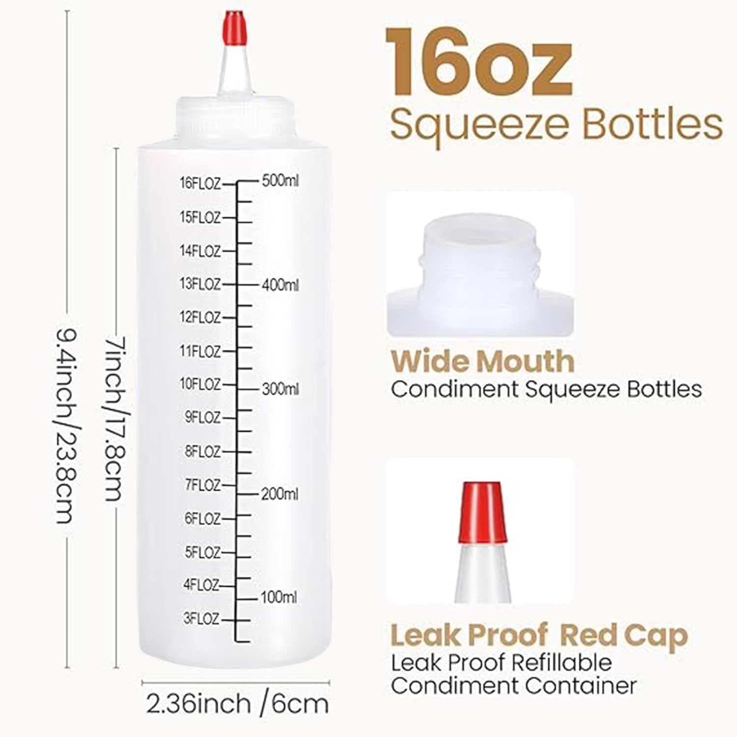 6 Pcs 500ML Sauce Squeeze Bottle with Cap Lines Durable Condiment Dispenser Bottle with Graduated Plastic Condiment Squeeze Squirt Bottles for Ketchup Sauces Syrup Condiments Dressings BPA Free image number 2