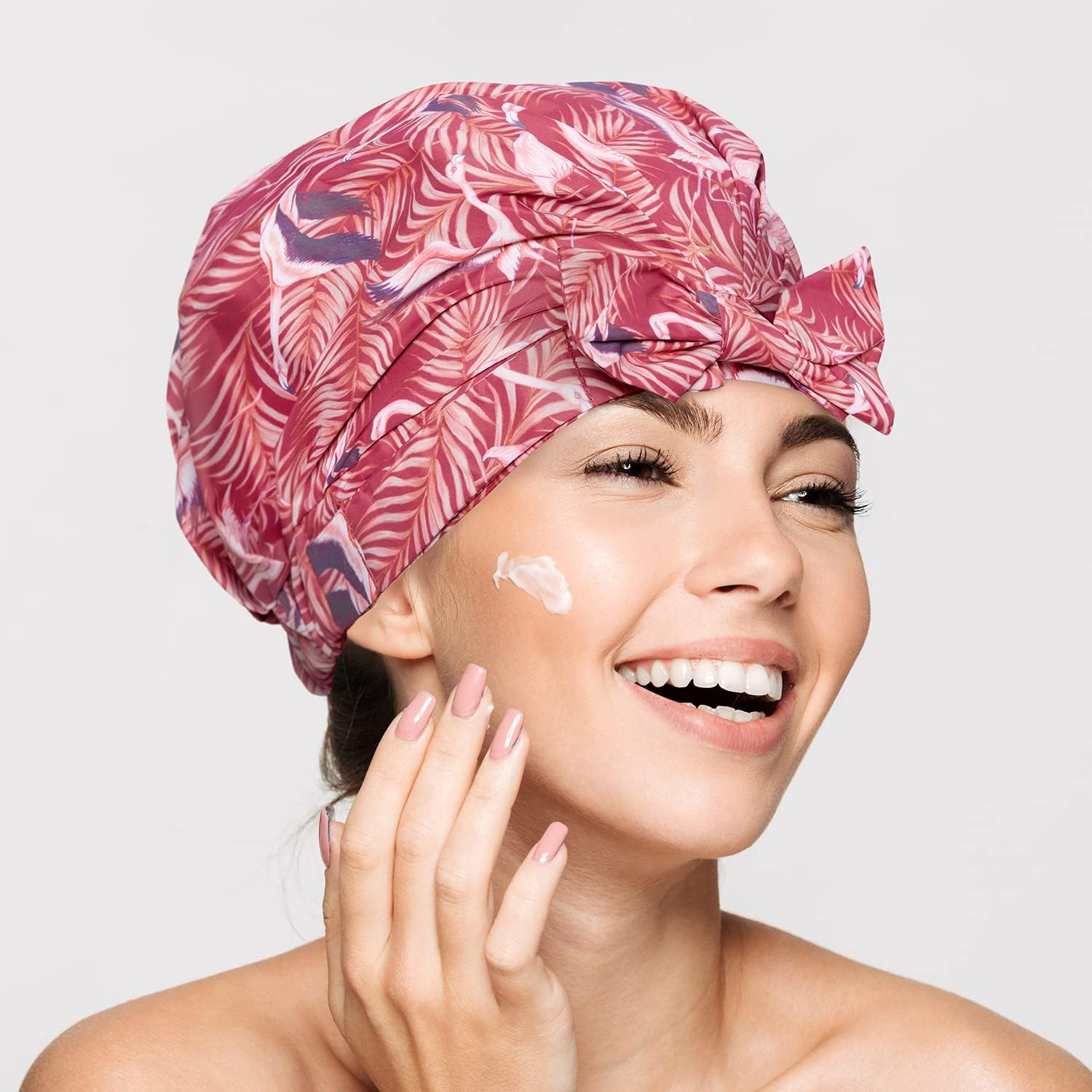 Bodylife Shower Cap Reusable Bath Cap Waterproof Mold Proof with Bow Flamingo Sunset image number 3