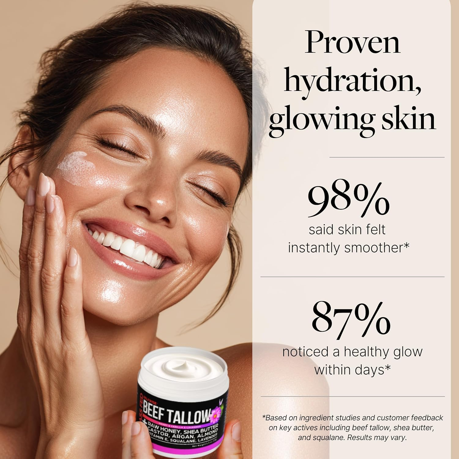 Grass-Fed Beef Tallow Moisturizer - Organic Balm with Raw Honey, Shea Butter & Castor Oil &ndash; Non-Greasy & Multi-Purpose Skin Cream for Face & Body - Natural & Fragrance-Free Face Cream image number 4