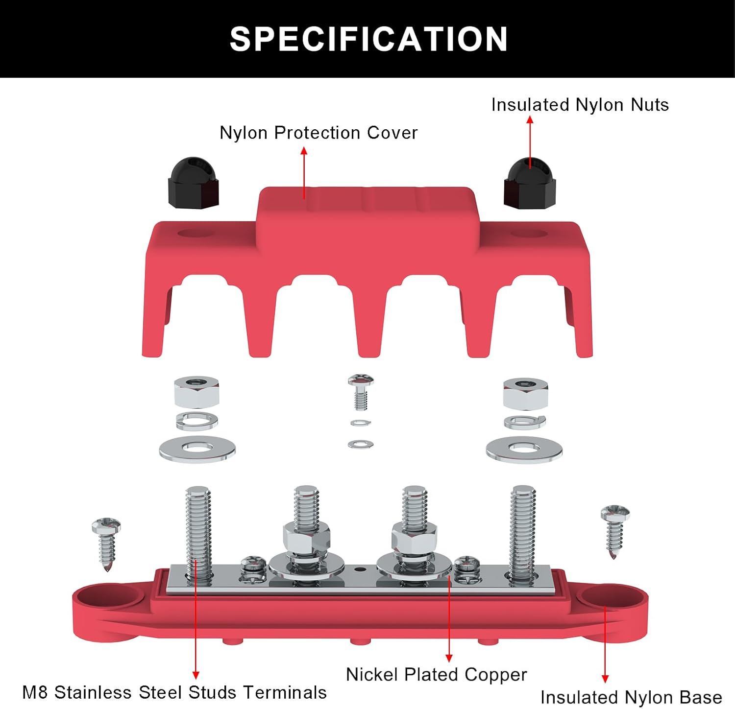 Bus Bar 250A 12V Power Distribution Block with 5/16" (M8) 4-Posts Terminals Block with Cover for Automotive, Marine, Battery System (Black & Red) image number 2