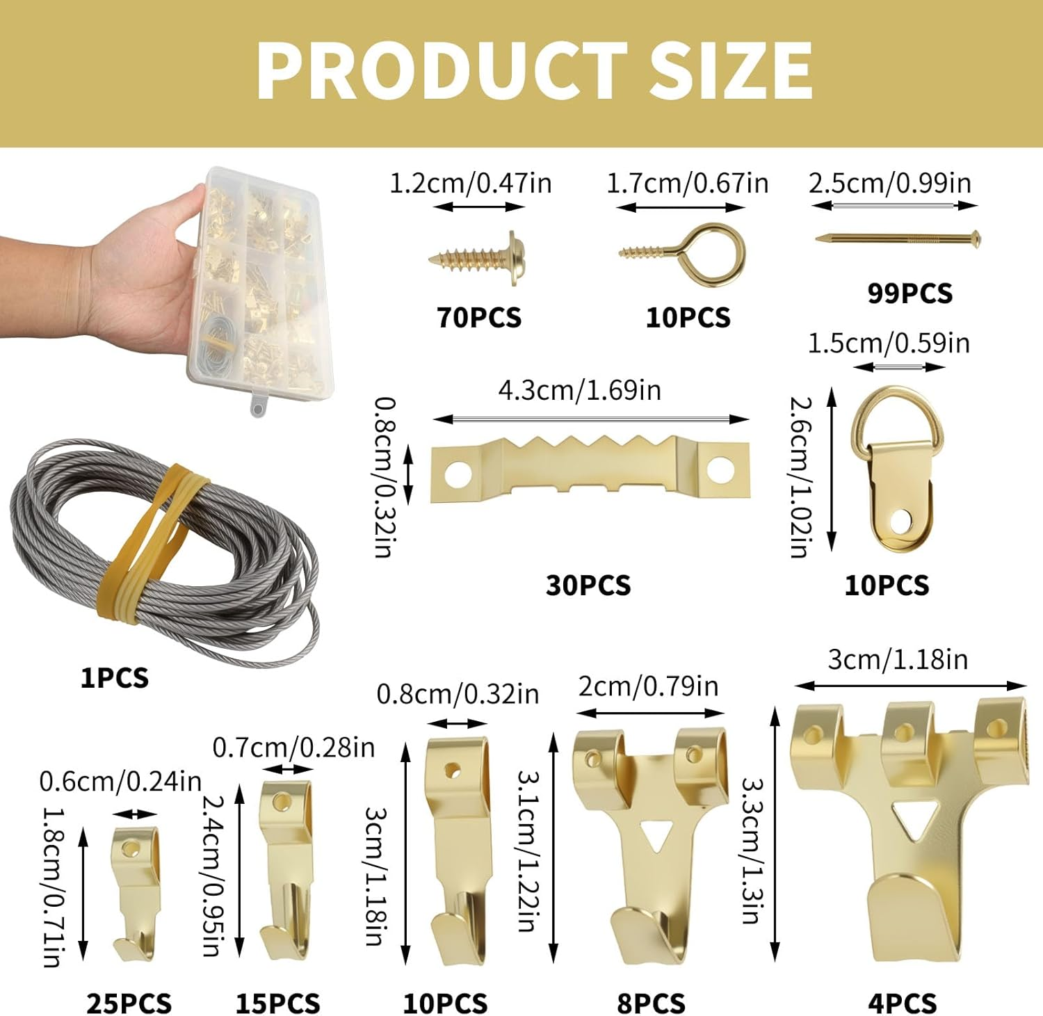 282 Pcs Picture Hooks Set, Picture Hanging Kit with Heavy Duty Frame Hooks, Nails, D-Ring, Sawtooth Hardware, Gold Metal Picture Hanger Assortment for Frames Mounting
