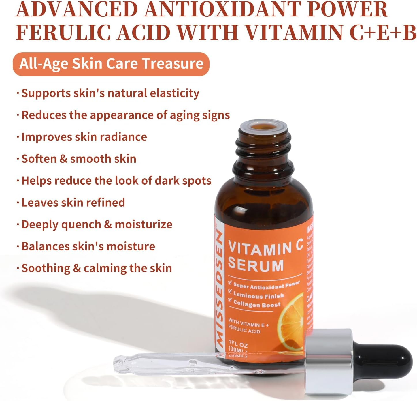 MISSEDSEN Vitamin C Serum for Face with Hyaluronic Acid, Ferulic Acid & Vitamin E, Anti-Aging Face Serum, Brightening Serum for Dark Spots, Fine Lines & Wrinkles, for All Skin Types,30Ml