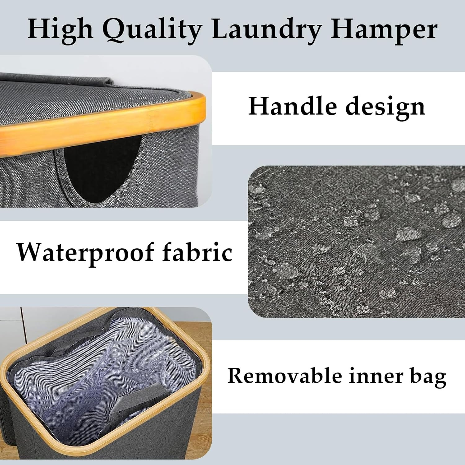 100L Laundry Basket with Lid，Removable Laundry Bag with Bamboo Handle for Large Foldable Laundry Hamper for Bedroom, Bathroom, Dorm, Laundry Room (Grey) image number 5