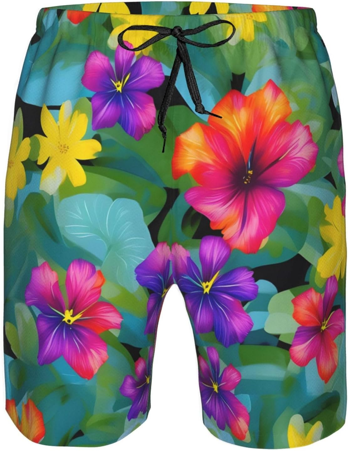 WURTON Hawaiian Colorful Flower Print Men'S Beach Shorts Hawaiian Summer Holiday Casual Shorts with Drawstring, Quick Dry