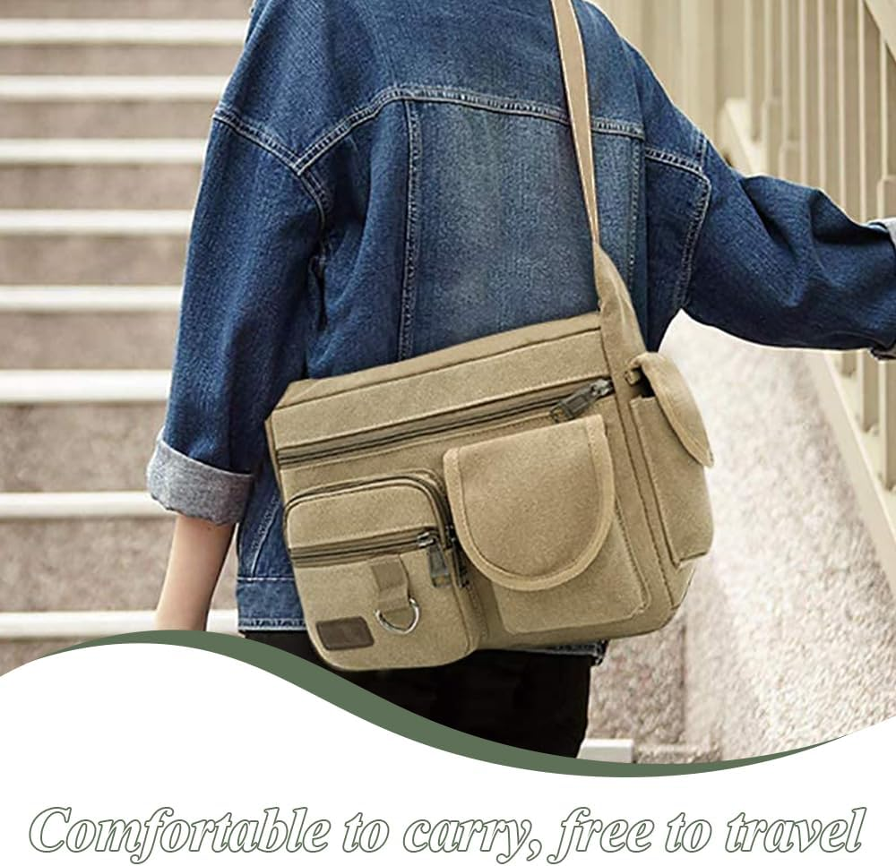 Canvas Crossbody Bag with Water Bottle Holders, Multi Pocket Messenger Bag, Vintage Laptop Bag, Briefcase for Men and Women Khaki (30 * 23 * 12 CM) image number 1
