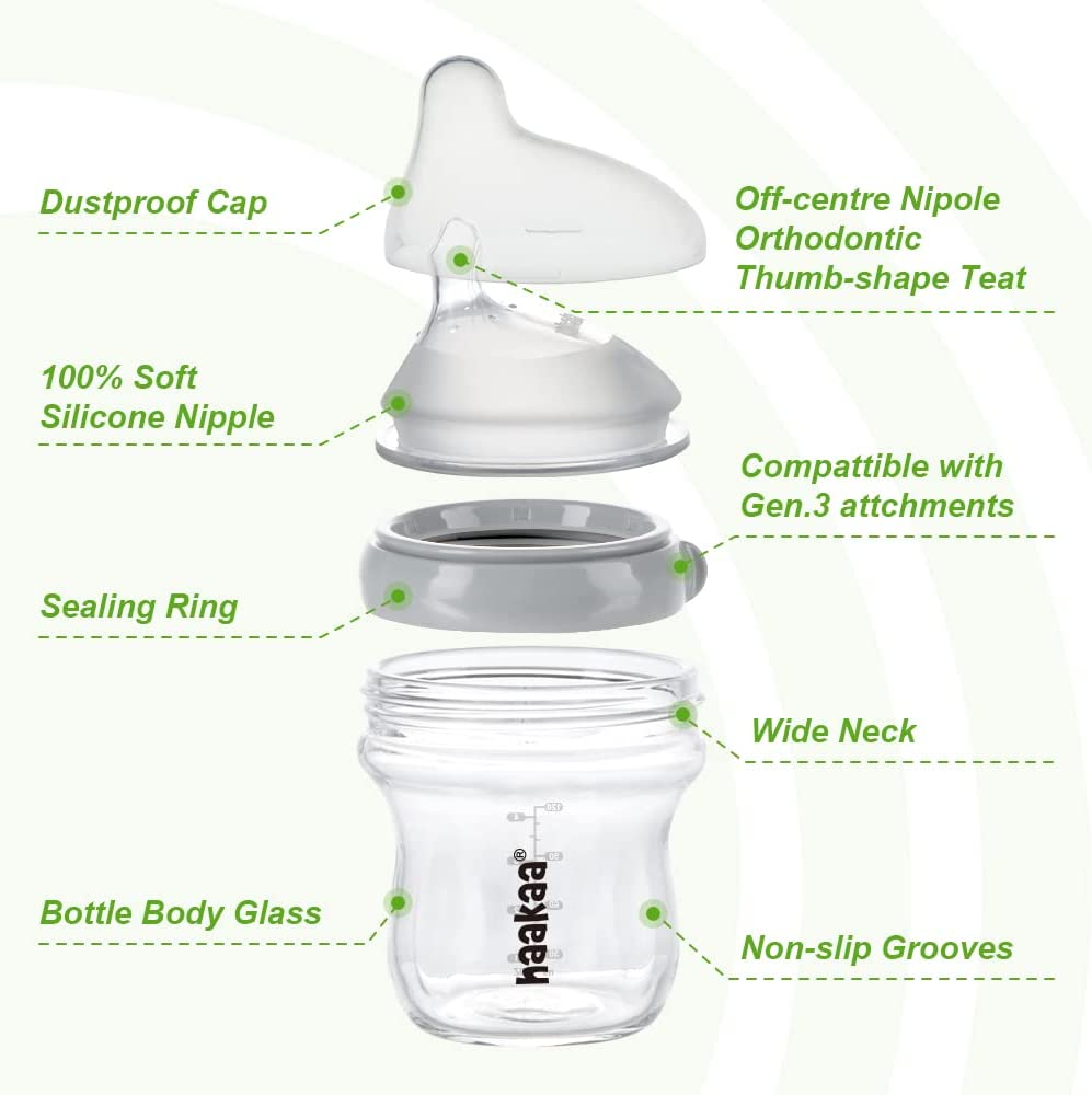 Haakaa Gen.3 Glass Baby Bottle 300Ml, with Anti-Colic Valve, Fast Flow, Mimic Breastfeeding, Temprature Resistant (Grey) - Grey image number 4