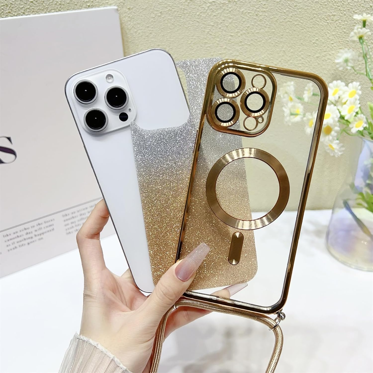 Emlivi Magnetic Mobile Phone Chain Case for Iphone 15 Pro Max, Magnetic Necklace Mobile Phone Case, Glitter, Transparent TPU Case with Cord, Adjustable Lanyard, Protective Case for Iphone 15 Pro Max