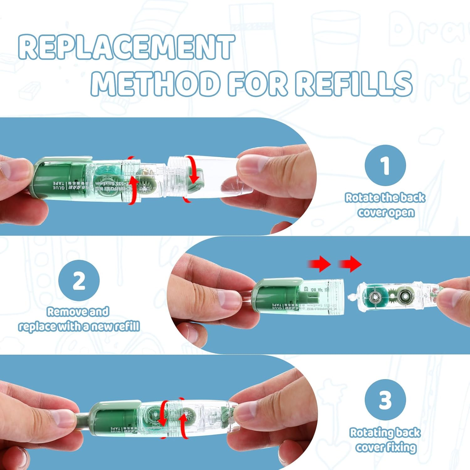 Huakaile 4 Pack 0.23" X 16 Ft Double Sided Tape Roller with 6 Refills, Retractable Glue Tape Roller Adhesive Tape Runner for Scrapbooking Journaling School Office Supplies image number 5