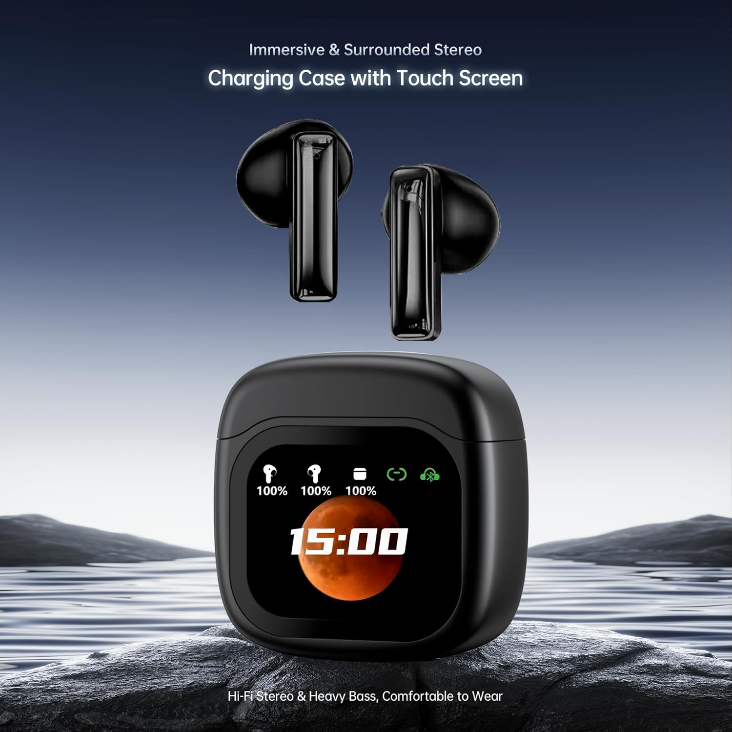 PORTENTUM Wireless Bluetooth 5.4 Headphones - LED Touch Display Personalised - Noise Cancelling Dual ENC - Battery Life 50H - In-Ear Touch Control - Hifi Bass - Comfortable Fit - USB-C image number 2