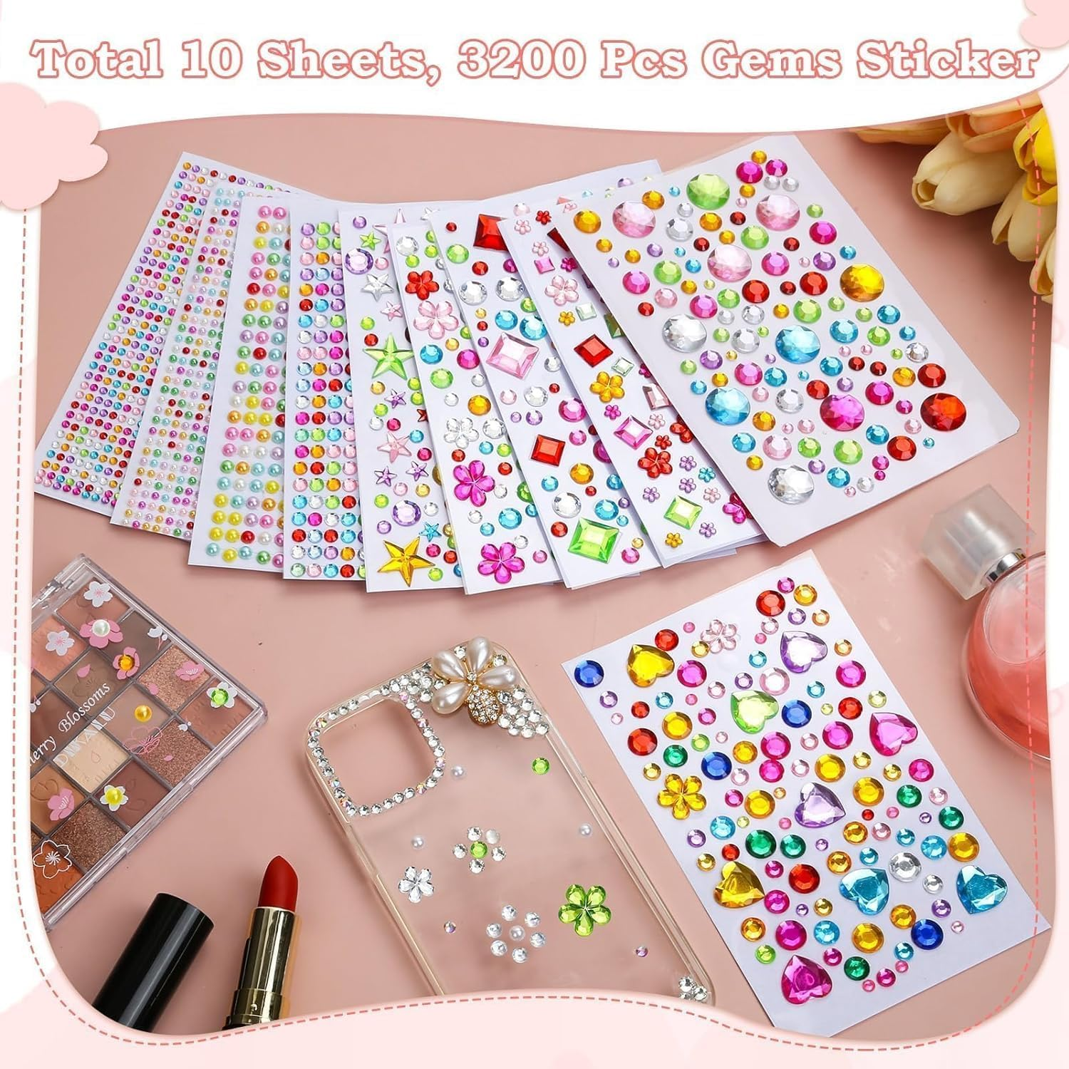 3200Pcs Rhinestone Gem Stickers,Craft Gem Stickers for DIY Crafts, Scrapbooking Stickers Crystal Diamond Stickers (10 Sheet)