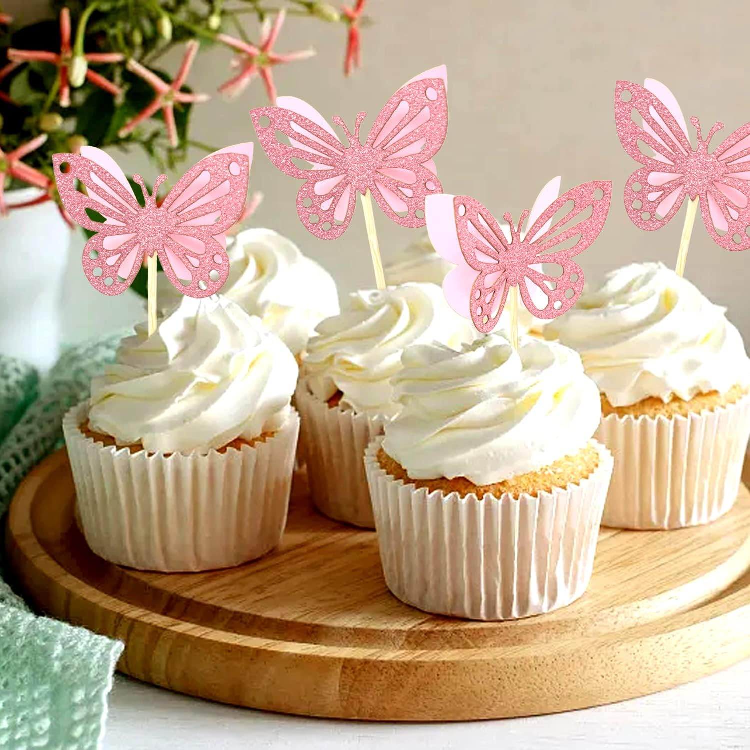 Yueton 24PCS 3D Butterfly Cupcake Toppers Double Layers Glitter Butterfly Cake Toppers Cake Decorations Butterfly Cupcake Picks Cocktail Picks for Theme Party Birthday Wedding Baby Shower Supplies image number 1