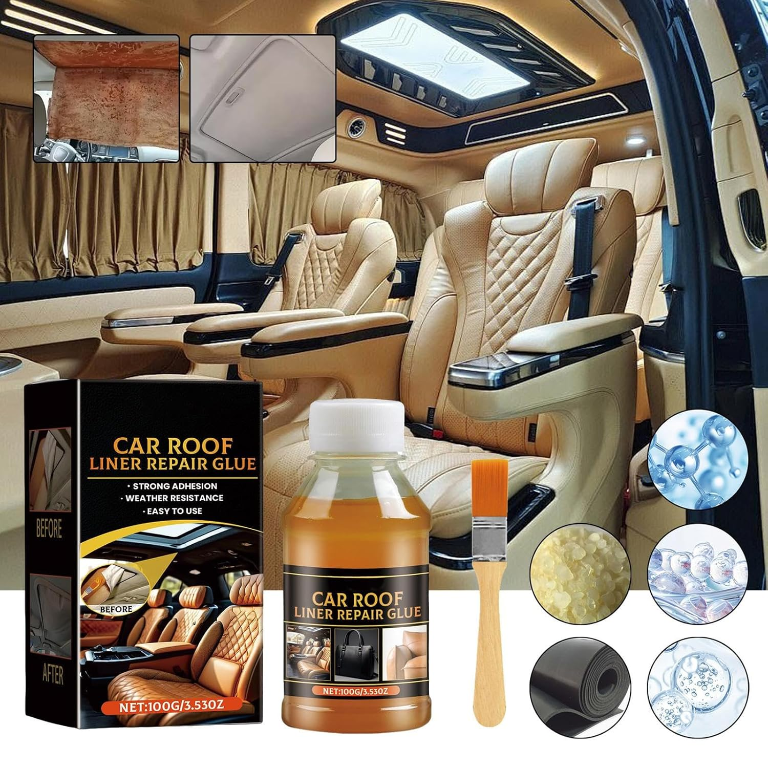 Car Roof Liner Repair Glue - 100G Car Upholstery Glue,Strong Adhesive with Brush, inside Repair for Leather Polyester Sponge Canvas image number 3