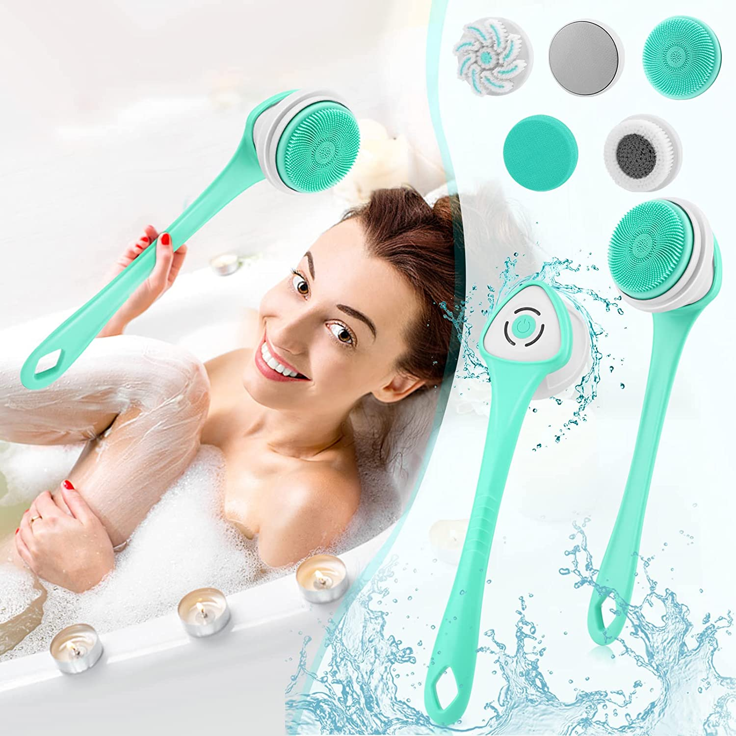 LINGSFIRE Electric Body Bath Brush, Rechargeable Back Brush Long Handle for Shower with 5 Spin Shower Facial Brush Head Waterproof Silicone Body Scrubber Exfoliating Deep Cleansing Brush for Women Men image number 3