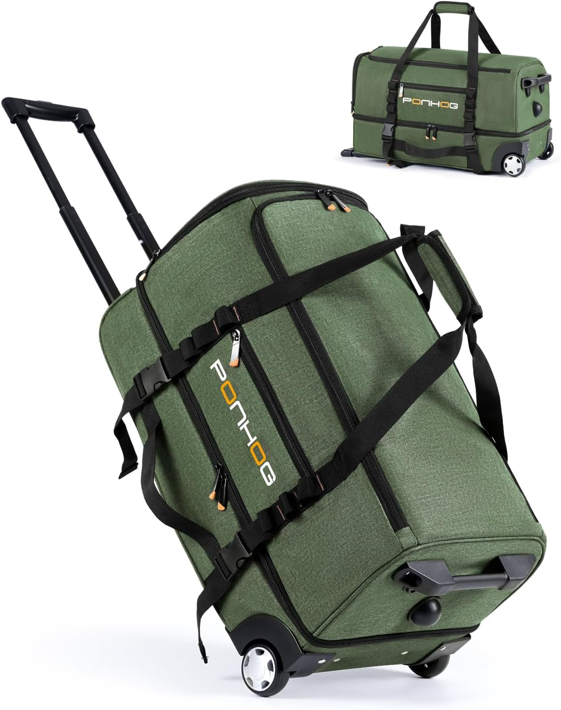 Rolling Duffle Bag with Wheels, Large Travel Duffel Bag with Shoe Compartment, Water Resistant Rolling Wheeled Luggage for Men Women Weekender Overnight Trip, Green, 21 Inch