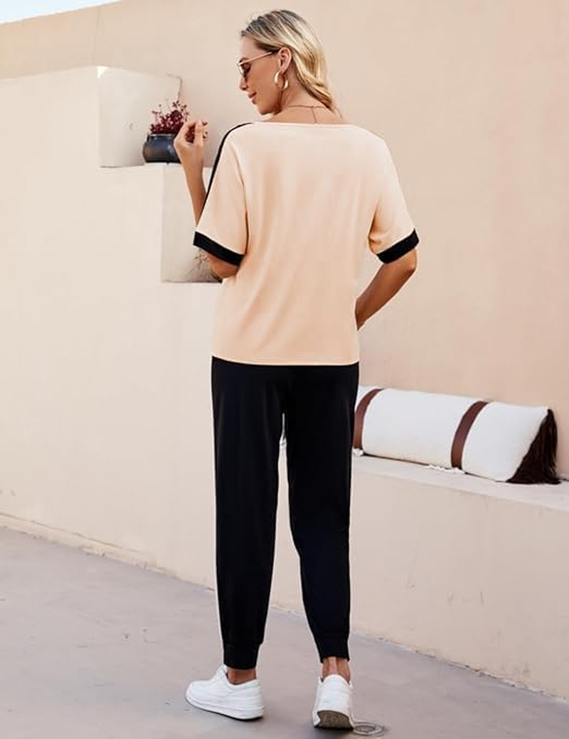 Women Casual Basic Lounge Set Comfy Soft Sweatsuit Set Cozy Jogger Set Short Sleeve Top Sweat Pants with Pockets image number 4