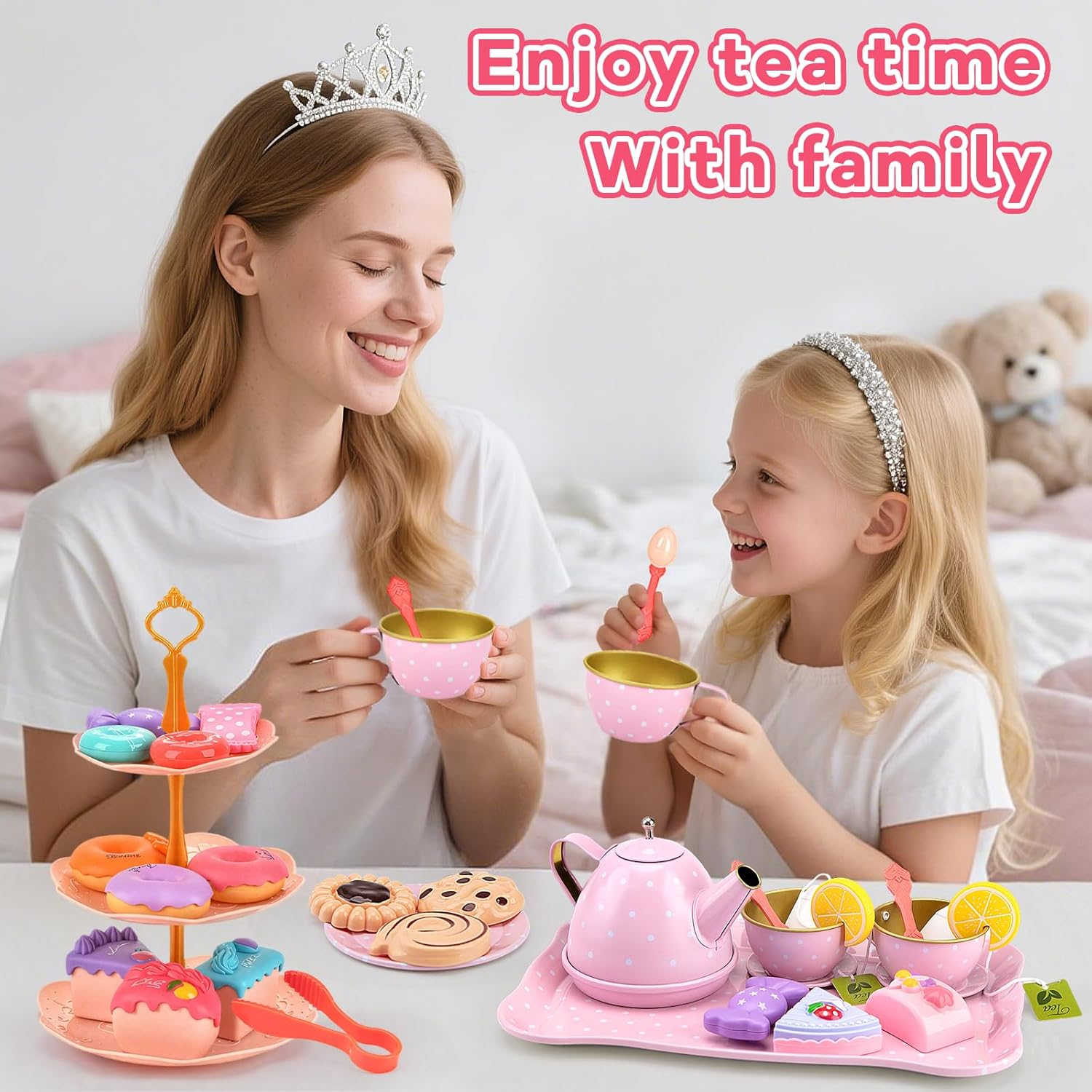 46Pcs Tea Party Set for Little Girls,Pretend Play Tea Set Toys, Food Toy Dessert Accessories, Birthday Gift for Kids Girls 3 4 5 6 Year Old image number 6