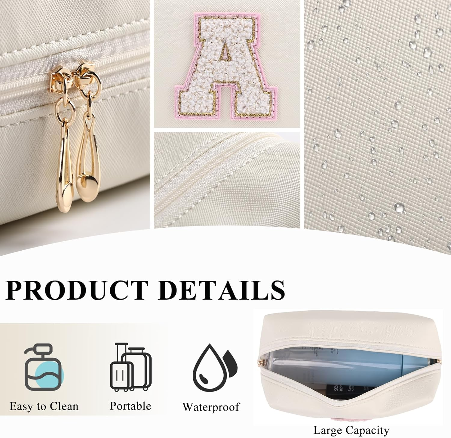 Personalized Initial Makeup Bag Cute Makeup Bag Chenille Letter Waterproof Zipper Cosmetic Bags for Women, Preppy Makeup Pouch Travel Toiletry Bag Organizer Birthday Gift for Girls, Beige-Pink, N image number 3