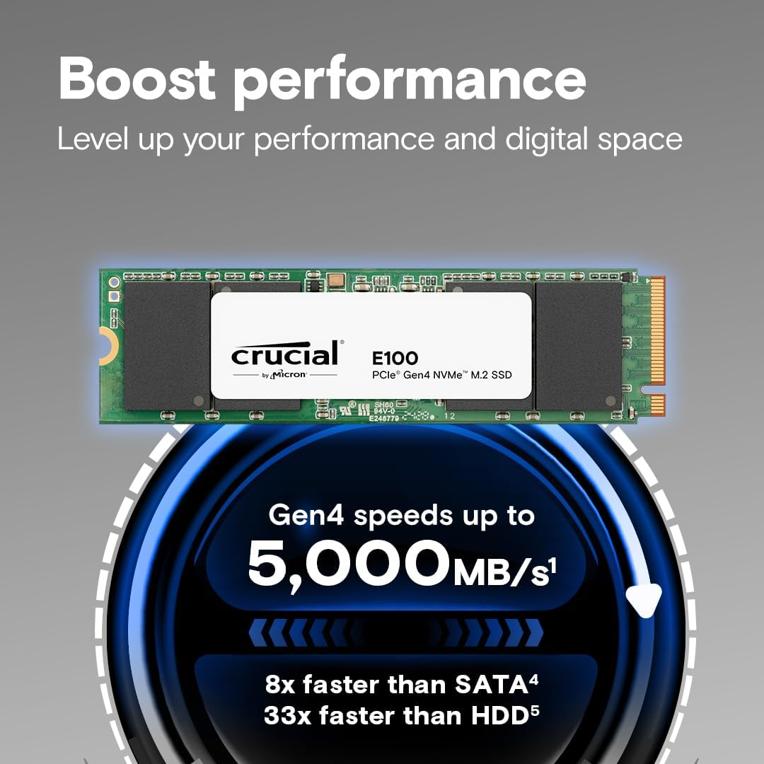 Crucial E100 1TB Pcie Gen4 Nvme M.2 SSD Internal, up to 5000Mb/S, Compatible with Laptop and Desktop - CT1000E100SSD8