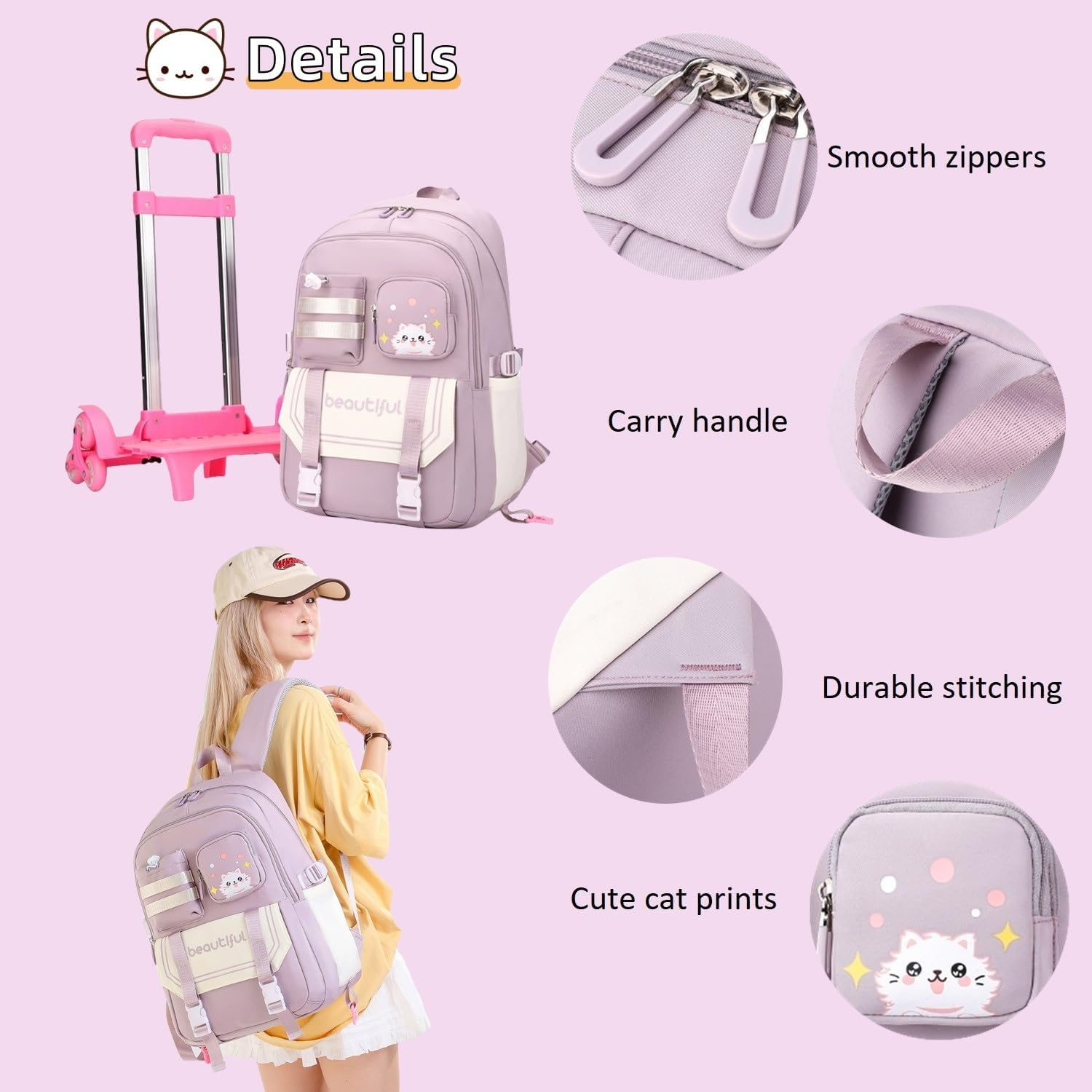 ETAISHOW Cat Print Rolling Backpack for Girls Kids Backpack with Wheels Roller Bookbag Trolley School Bag Wheeled Bag image number 5