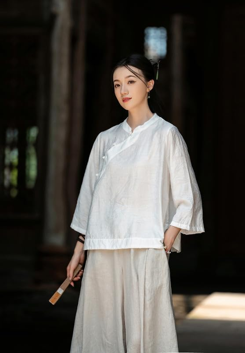 Elegant Floral Shadow Jacquard Chinese Style Blouse Vintage Shirt for Women image number 5