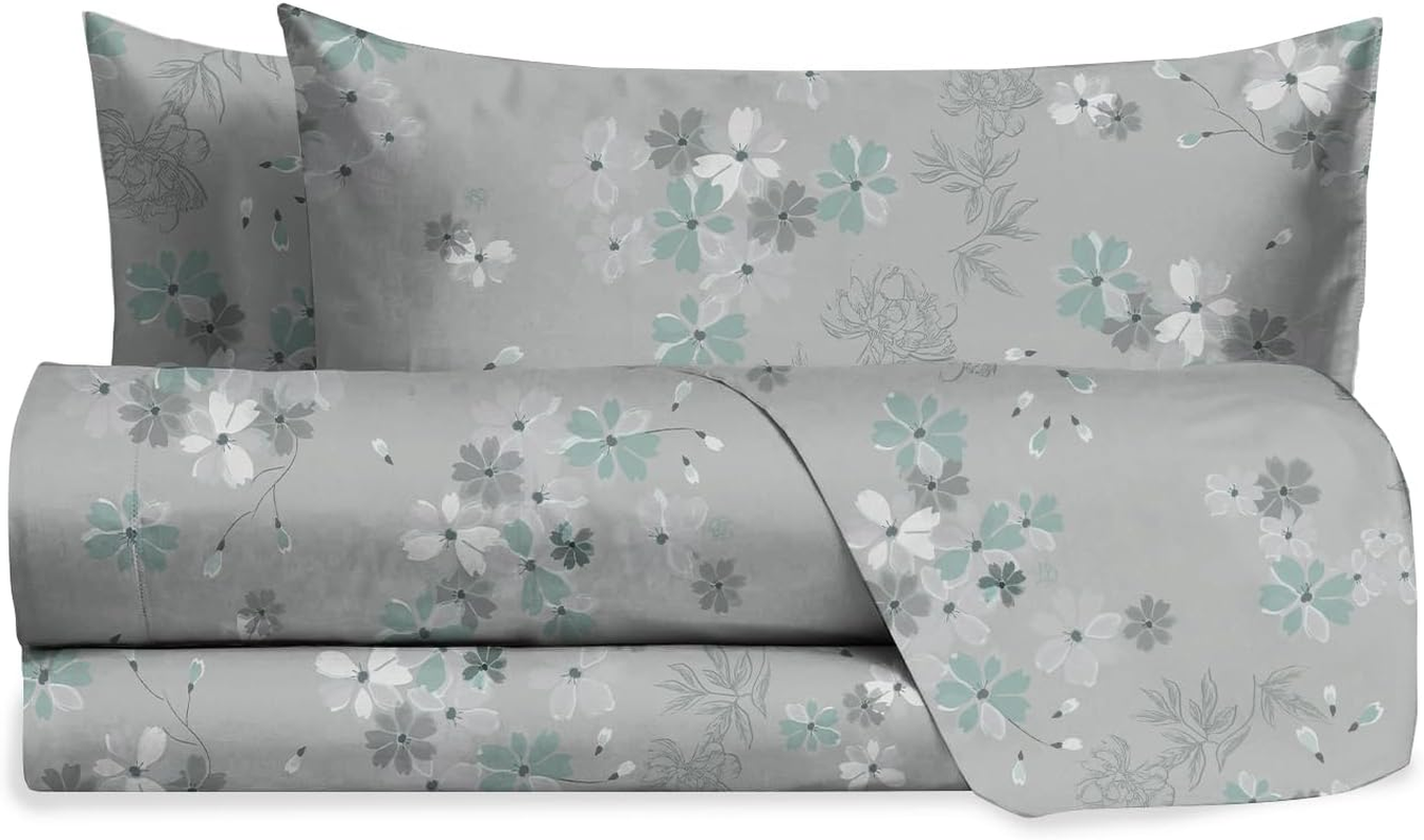 Hermet Laura Biagiotti Double Bed Linen Set, Cotton Patterned Bed Set, 100% Cotton, Top Sheet + Fitted Sheet + Pair of Pillowcases, Teia Cloud