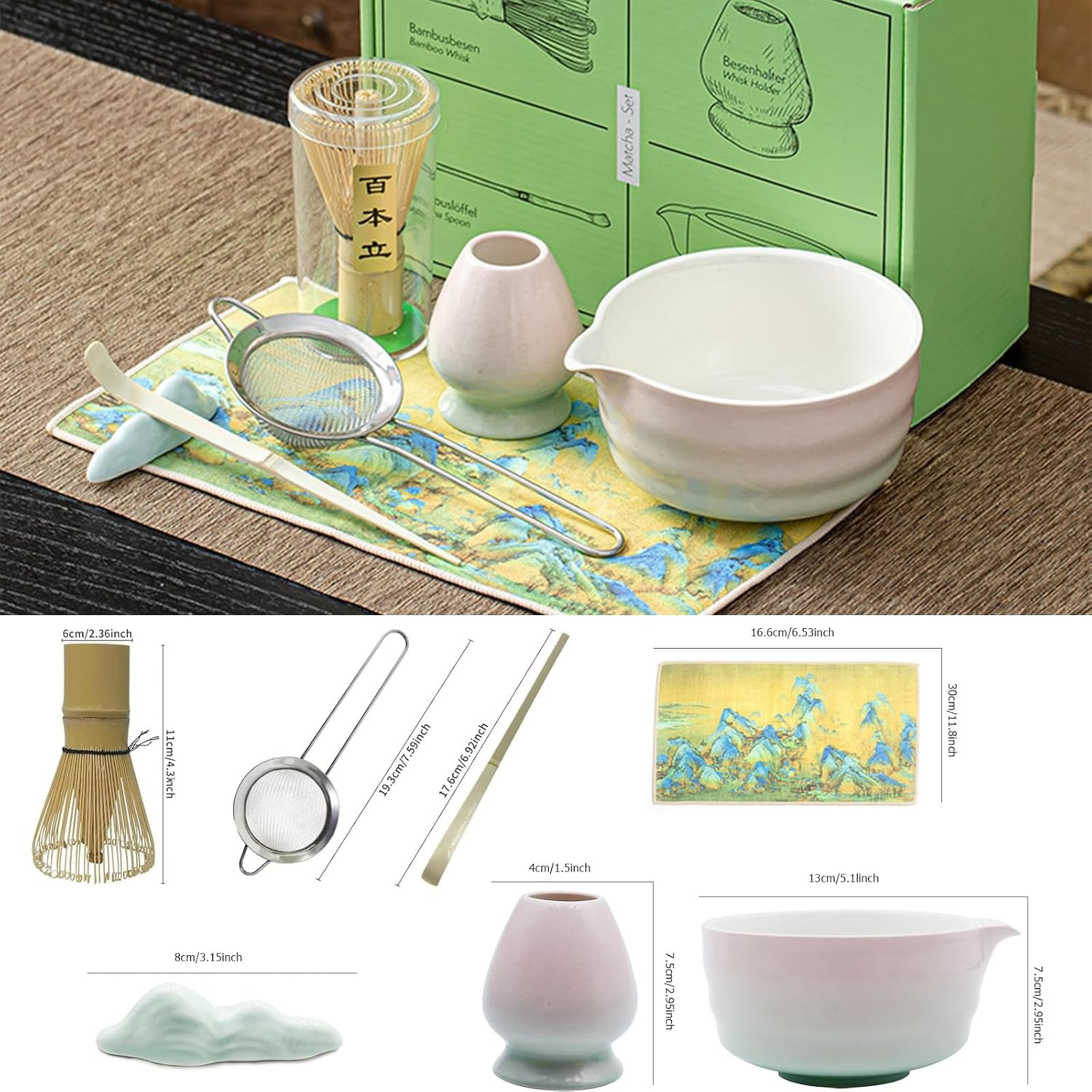 Matcha Whisk Set, Matcha Bowl with Spout, with Handcrafted Bamboo Whisk Matcha Scoop Matcha Stand Matcha Bowl and Stainless Sifter, for Matcha Tea Ceremony (7Pcs) image number 2