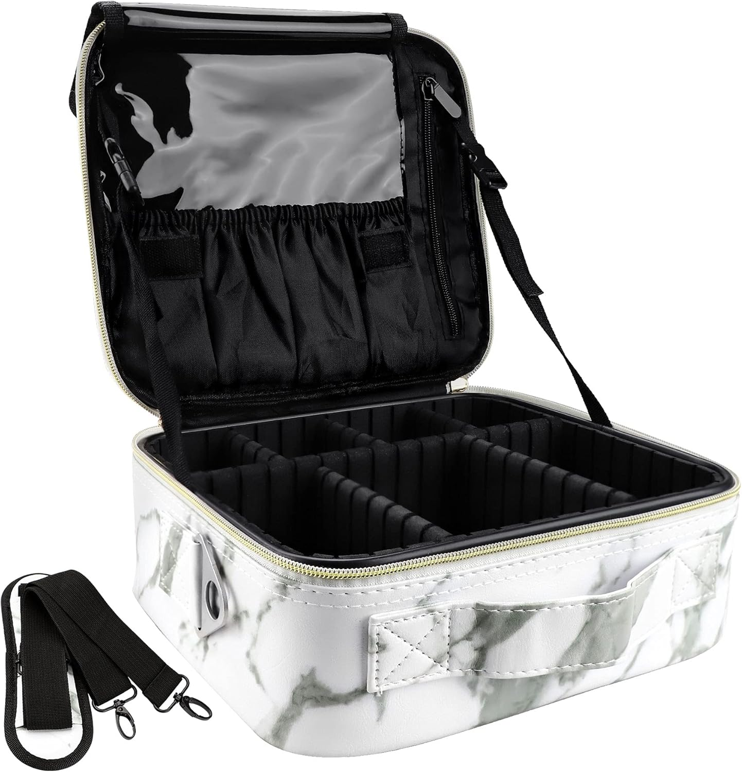 Makeup Case Travel - Large Makeup Bag 16" Professional Makeup Train Case with Adjustable Strap, Leather Makeup Artist Box for Hair Curler Hair Straightener Brush Set and Cosmetic, White Marble,