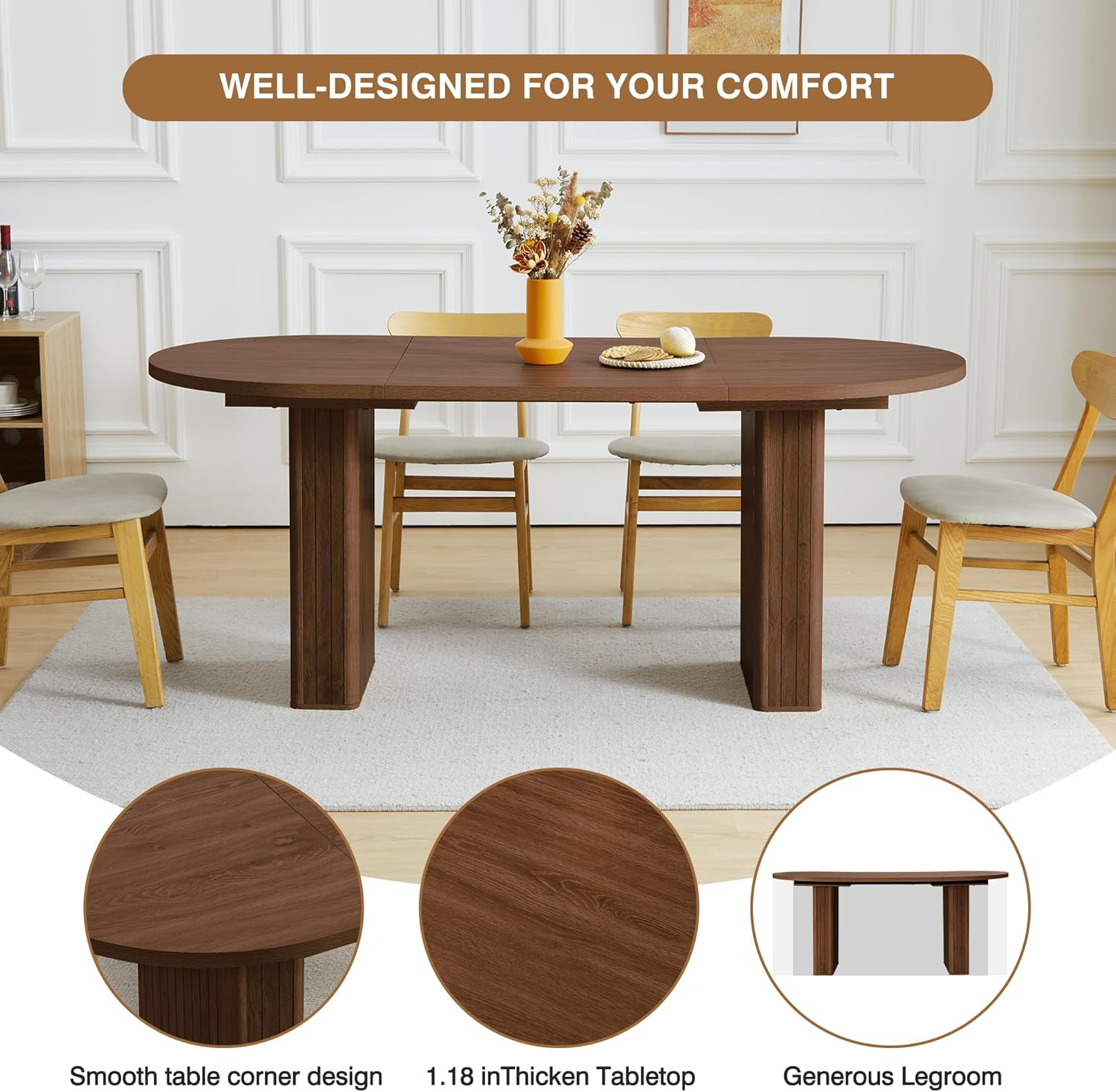 70.8 Inch Kitchen Dining Table for 6-8 People, Oval Kitchen Table with Wood Strip Base, Modern Farmhouse Large round Dining Room Tables for Kitchen Living Room (Walnut) image number 3