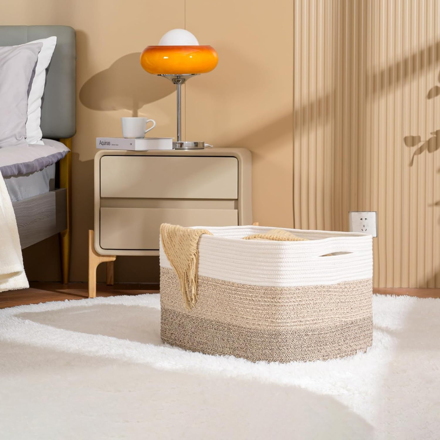 AIMANWEI Large Woven Cotton Rope Laundry Basket（21.6X16.9Inch）,Collapsible Laundry Hamper with Handle for Storage Pillows Clothes Toy Organizer Laundry Hamper with Handle (Black)