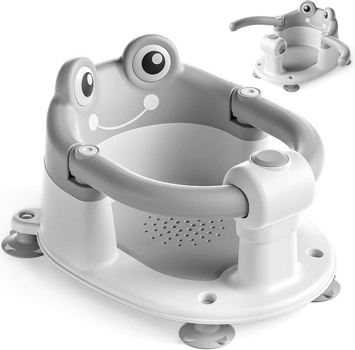 Baby Bath Seat with Safety Handle, Frog Design, 4 Anti-Slip Suction Cups, Ergonomic Support, for Babies 6-18 Months, Grey